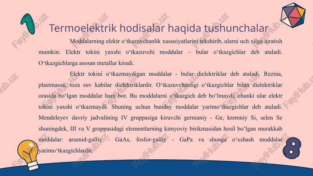 chida tartibsiz issiqlik harakatidagi “elektronlar gazi” ni hosil qiladi. kristal panjara tugunlaridagi metal ionlari esa, shu elektron gaz ichiga botirilgandak joylashgan. kovaklar va erkin elektronlar juft juft bo‘lib paydo bo‘ladi, shuning uchun toza yarimo‘tkazgichlarda ularning zichligi teng bo‘ladi: p = n diffuziya natijasida n soxa chegarasida elektronlar kamayib, musbat zaryadli qatlam, p soxa chegarasida kovaklar kamayib manfiy zaryadlangan qatlam hosil bo‘ladi. shunday qilib p – n o‘tish chegarasida ikki xil zaryadlangan qatlam hosil bo‘ladi. bu qatlam berkituvchi qatlam deb nomlanib, unda shakllangan elektrik maydon diffuziyani davom ettirishga yo‘l qo‘ymaydi. bunda berkituvchi qatlam hosil qilgan maydon kuchlanganligi kamayib, kontakt qatlam orqali tok o‘tishi osonlashadi. kuchlanish oshgani sari p – n o‘tishdan o‘tayotgan tok kuchi ham ortadi. bu to‘g‘ri kuchlanish deb ataladi. zebek effekti (seebeck effect): turli metallar yoki yarimo'tkazgichlar o'rtasida elektr toki hosil bo'ladi, agar ularning tutashgan uchlari turli haroratda bo'lsa. bu hodisa termoelektr generatorlarda ishlatiladi. formula: e=s⋅δt\mathcal{e} = s \cdot …