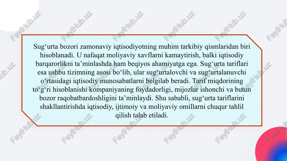 matik tahlil usullarini joriy etish. 2-yechim: sug‘urta kompaniyalarida xavf tahlilini avtomatlashtiruvchi raqamli platformalar yaratish. 3-yechim: statistik ma’lumotlarni muntazam yangilab borish va milliy sug‘urta ma’lumotlar bazasini shakllantirish. 4-yechim: xorijiy davlatlarning ilg‘or tajribasiga asoslanib, tarif siyosatini milliy sharoitga moslashtirish. 5-yechim: sug‘urta sohasida malakali mutaxassislar tayyorlash va ularning iqtisodiy tahlil ko‘nikmalarini rivojlantirish. 6.sug‘urta kompaniyasi risklarni boshqarishda nima qilishi kerak? a) ehtimollik va qoplamalarni tahlil qilish b) mijozlarga xizmat ko‘rsatmaslik c) polislarga qimmat narx belgilash d) faqat marketingga e’tibor berish 7.kutilayotgan qoplamalarni aniqlash kompaniya faoliyatini nima bilan ta’minlaydi? a) moliyaviy barqarorlik b) faqat statistika c) mijozlarni jalb qilish d) soliq yengilligi 8.amalga oshirilgan hisob-kitoblarni audit qilish nimaga xizmat qiladi? a) xatoliklarni kamaytirish va natijalarni tekshirish b) polislarga yangi shart qo‘shish c) mijozlarni o‘qitish d) marketing kampaniyasini kuchaytirish 9.zamonaviy dasturiy ta’minot ehtimollik va qoplamalarni aniqlashda nima beradi? a) tezlik va aniqlik b) faqat ko‘rinish chiroyini c) narxlarni oshirish imkonini d) soliq kamaytirishni 10.sug‘urta hodisasi va …
