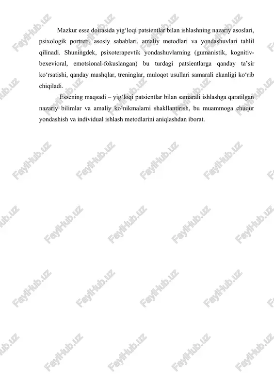 , anglash va qayta ishlashga qaratilgan. yigʻloqlik — bu signal, uni “to‘xtatish” emas, balki “tushunish” kerak. 3. yigʻloqi patsientlar bilan ishlashda asosiy metodlar 1. aktiv tinglash – patsientni to‘liq eshitish, gapini bo‘lmasdan quvvatlash 2. reflektiv so‘zlash – “siz hozir chuqur qayg‘udasiz, men buni his qilyapman…” 3. yurakni bo‘shatishga ruxsat berish – yig‘lashga ruxsat, lekin uni boshqarishda yordam 4. chuqur nafas olish mashqlari – o‘zini tinchlantirish texnikalari 5. kognitiv qayta baholash – salbiy fikrlarni konstruktiv tahlil qilish 6. ishonchli terapevtik munosabat – patsient psixolog bilan xavfsizlikda ekanini his qilishi zarur 4. amaliy tajriba (trening dasturi namunasi) maqsad: yigʻloqi patsientlarga o‘z emotsiyalarini anglash va boshqarishni o‘rgatish. trening bosqichlari: • 1-bosqich: tanishuv, xavfsiz muhit yaratish • 2-bosqich: emotsiyalarni aniqlash mashqlari • 3-bosqich: o‘z holatini og‘zaki ifodalashni o‘rganish • 4-bosqich: yig‘lash holatlarini tahlil qilish, sabablari ustida ishlash • 5-bosqich: emotsiyani boshqarish texnikalari • 6-bosqich: yakuniy refleksiya, erishilgan natijalarni muhokama qilish xulosa yigʻloqi patsientlar bilan …