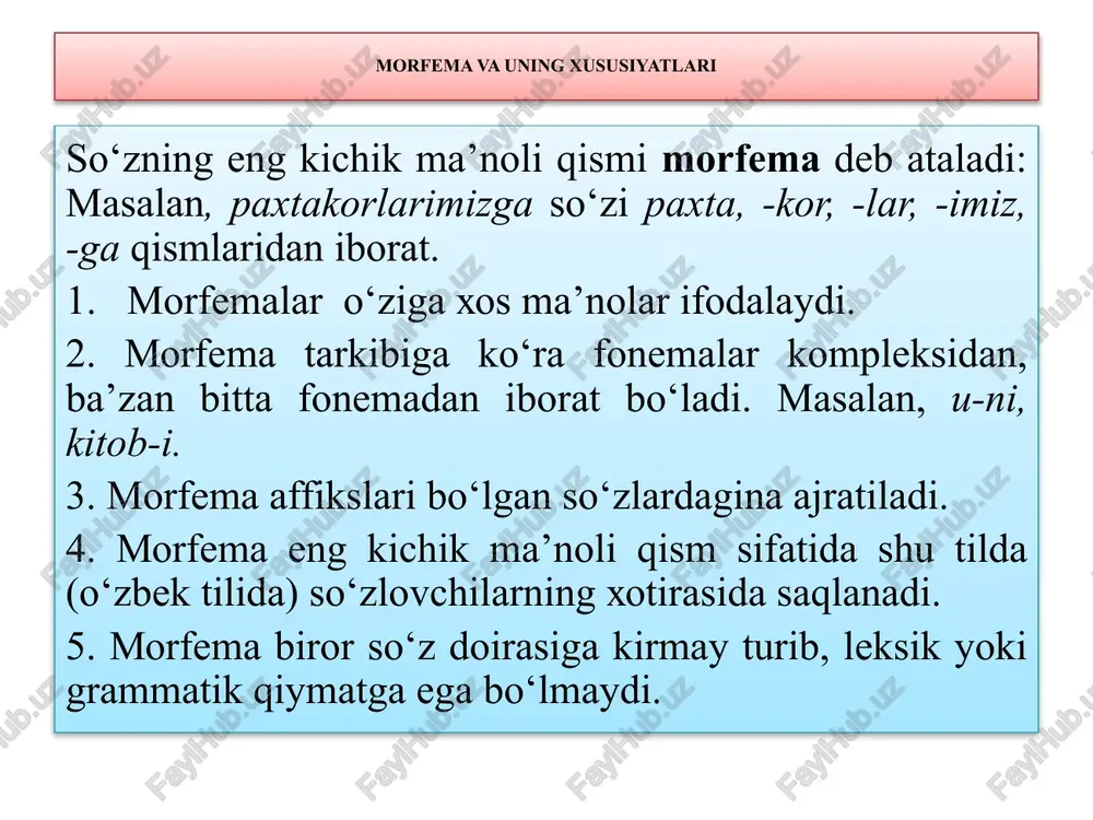 tepkila. 2) sintaktik shakl yasovchi qo‘shimchalar so‘zlarni bir-biriga bog‘laydigan qo‘shimchlardirdir: bularga kelishik (kitobni o‘qidi, uyga ketdi, daftarning varag‘i), egalik (maktabimiz hovlisi, mening ukam, talabalar uyi), shaxs-son (biz keldik, men bordim, sen kelding) qo‘shimchalari kiradi. bu qo‘shimchlar yana sintaktik munosabat shakllari ham deyiladi. affiks morfemaning tuzilish jihatdan turlari 1. sodda affikslar boshqa qo‘shimchalarga ajralmaydi: ish-chi, aql-li, gul-la-di. 2. murakkab affikslar kamida ikkita qo‘shimchaning qo‘shilishidan hosil bo‘ladi: dehqonchilik, odamgarchilik, yordamlash, otlan, uydagi, yuzlab, butunlay, ochiqchasiga, tortqila, xomligicha, tepkila, turtkila, yugurgilamoh, ezg‘ilamoh, akalarcha. bu qo‘shimchalar ma’lum so‘zlar tarkibida kelganida boshqa ma’noli qismlarga ajralmaydi. o‘zbek tilida morfemalarning joylashish tartibi o‘zbek tilida affikslarning asosga qo‘shilish tartibi, odatda, quyidagicha: asos + so‘z yasovchi affiks + lug‘aviy shakl yasovchi affiks + sintaknik shakl yasovchi affiks: kitob+xon+lar+ning. o‘zgargan holat: asos + lug‘aviy shakl yasovchi affiks + so‘z yasovchi affiks + sintaknik shakl yasovchi affiks: sev-in-ch-ni affikslarning qo‘shilish jihatdan turlari postfikslar so‘zda asosdan keyingi o‘rinda turadigan affikslardir: ish-chi, qish-la, …