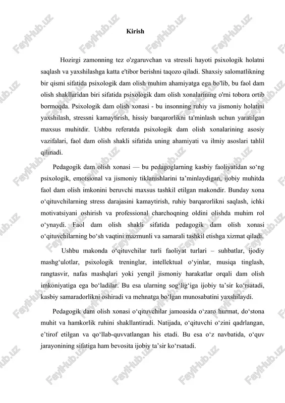 faol dam olish sifatidagi o'rni psixologik dam olish xonasi faol dam olish shakli sifatida, insonning ruhiy salomatligini yaxshilashga qaratilgan qator amaliyotlarni o'z ichiga oladi. faol dam olish - bu faqat tana dam olishidan iborat bo'lmagan, balki aqliy va hissiy salomatlikni ham tiklashni ta'minlaydigan jarayondir. psixologik dam olish xonasida quyidagi faoliyatlar amalga oshirilishi mumkin: 1. meditatsiya va aqliy mashqlar: meditatsiya yoki aqliy mashqlar yordamida insonning ongini tinchlantirish, stressni kamaytirish va ichki tinchlikni topish mumkin. bu faoliyatlar, shuningdek, diqqatni jamlash va ongni tozalashga yordam beradi. 2. yoga va jismoniy mashqlar: yoga va boshqa jismoniy mashqlar tananing stressni yengillashtirishga yordam beradi va ruhiy holatni yaxshilaydi. jismoniy faoliyat endorfin ishlab chiqarishni rag'batlantiradi, bu esa kayfiyatni ko'taradi. 3. aromaterapiya va musiqiy terapiya: xonada aromaterapiya, ya'ni hoshiy aromatik yog'lar yoki musiqiy terapiya qo'llanilishi mumkin. bu jarayonlar ruhiy va hissiy holatni tinchlantiradi va organizmni dam olishga undaydi. 4. san'at va kengaytirilgan realite: san'at va yaratuvchan faoliyatlar, masalan, …