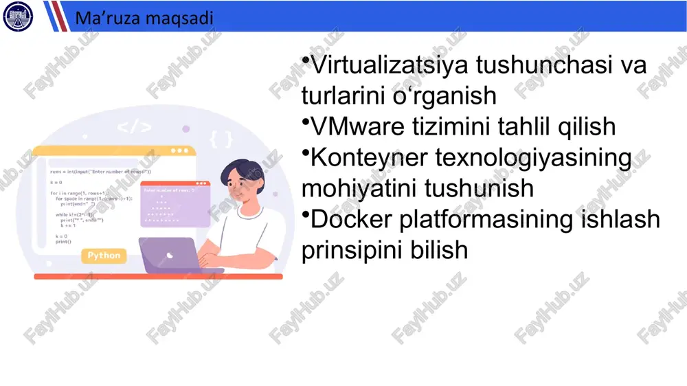 b — tayyor image’lar ombori. 💡 misol: docker run nginx buyrug‘i orqali veb-serverni 5 soniyada ishga tushirish mumkin. docker ishlash prinsipi dasturchi dockerfile yozadi. docker image yaratiladi. image konteyner sifatida ishga tushiriladi. konteyner ichida dastur mustaqil ishlaydi. 💡 misol: python ilovasi uchun docker image yaratsangiz, foydalanuvchining tizimida python o‘rnatilgan bo‘lishi shart emas. docker afzalliklari tez ishga tushadi portativ (istalgan os’da ishlaydi) resurs sarfi kam microservice arxitektura uchun qulay 💡 misol: yirik kompaniyalar (netflix, uber, paypal) o‘z xizmatlarini docker konteynerlarida ishga tushiradi. docker kamchiliklari grafikli dasturlarni ishlatish qiyin. xavfsizlik darajasi virtual mashinaga nisbatan pastroq. barcha konteynerlar bitta os yadrosini baham ko‘radi. 💡 misol: bitta konteynerda xavfsizlik muammosi bo‘lsa, boshqa konteynerlarga ham ta’sir qilishi mumkin. vmware va docker taqqoslanadi amaliy qo‘llanish sohalari vmware: serverlarni konsolidatsiya qilish, test tizimlari yaratish. docker: web-ilovalar, mikroxizmatlar, bulutli tizimlar, ci/cd jarayonlari. 💡 misol: talabalar uchun onlayn laboratoriyalarni docker konteynerlarda yaratish mumkin. xulosa virtualizatsiya — apparat resurslarini bo‘lib …