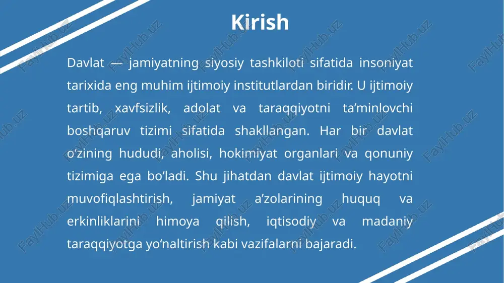 orlik davlatlari qadimgi rim va yunoniston misollarida ko'rinadi, u yerda davlat quldor elitaning manfaatlarini himoya qilgan. qonunlar, masalan, rim huquqi, qullarni mulk sifatida belgilagan va davlat armiyasi orqali imperiyani saqlagan. oʻzbekiston bayrogʻi zamonaviy davlat tiplari: demokratik, avtoritar va totalitar davlatlar zamonaviy davlat tiplari globalizatsiya va texnologik o'zgarishlar ta'sirida shakllanmoqda. demokratik davlatlar, masalan, kanada va germaniya, xalq suvereniteti va ko'p partiyalik tizimga asoslangan. ularning o'ziga xosligi – erkin saylovlar, mustaqil sud va fuqarolik jamiyati. demokratik davlatlar iqtisodiy rivojlanishni ta'minlaydi, ammo ular populyarizm xavfiga duch keladi. xulosa davlat — jamiyat hayotining ajralmas tayanchi va boshqaruv tizimidir. u ijtimoiy tartibni saqlaydi, fuqarolarning huquq va erkinliklarini himoya qiladi hamda mamlakat taraqqiyotini ta’minlaydi. davlatning mavjudligi jamiyatdagi manfaatlar muvozanatini saqlash, adolat va barqarorlikni ta’minlash uchun zarurdir.davlatning asosiy belgilari — hudud, aholi, suveren hokimiyat va qonuniy tizim — uning mustaqil sub’ekt sifatida shakllanishini ifodalaydi. mohiyatan esa davlat jamiyatdagi siyosiy, iqtisodiy va ma’naviy munosabatlarni boshqarish vositasi hisoblanadi. adabiyotlar …