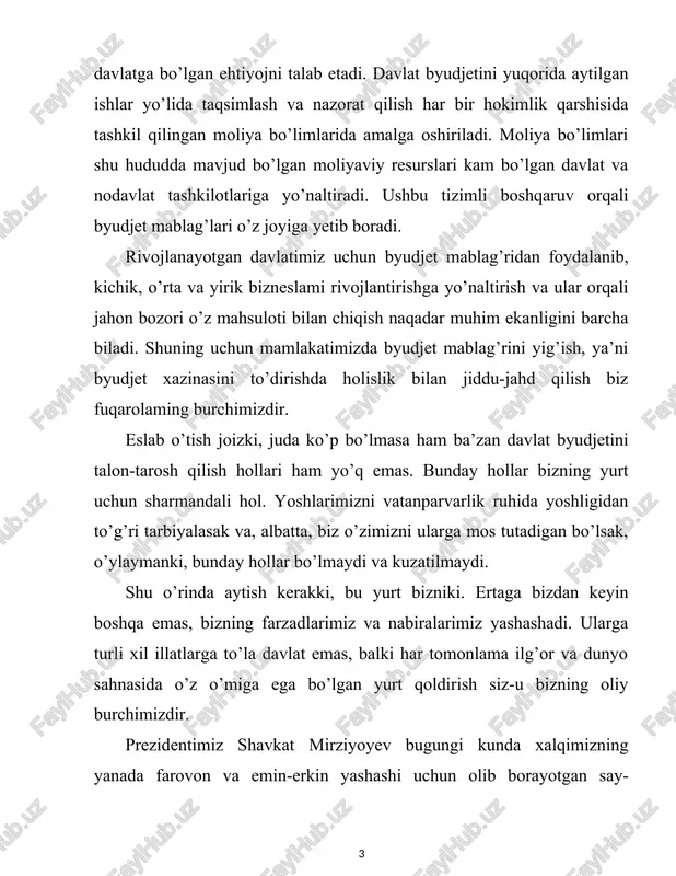 di. bir narsani alohida ta’kidlash kerak, pandemiya davrida iqtisodiyotning barqaror ishlashi uchun tadbirkorlar davlat bilan tengma teng hissa qo’shdilar. shuning uchun barchamiz tadbirkorlarga yelkadosh bo’lib, ulami doimo qo’llab-quvvatlashimiz shart.” 1. navoiy shahar moliya bo’limining iqtisodiy tavsifi hamda tashkiliy tuzilmasi bilan tanishish. navoiy shahar moliya bo’limida amaliyot o’tash jarayonida turli bilim va ko’nikmalami o’zlashtirdim. ushbu joyda bir qancha bo’limlar bo’lib, ulardan mudir, mudir birinchi o’rin bosari, byudjet ijrosi hisobi sektori bosh hisobchisi, kommunal va yo’l xo’jaligini rivojlantirish, obodonlashtirish tadbirlarini moliyaviy ta’minlash sektori mudiri, jismoniy va yuridik shaxslarning murojaatlari bo’yicha ishlarmi nazorat qilish va muvofiqlashtirish bo’yicha inspeksiya kabi bir qancha bo’limlar mavjud ekan. men shunga o’xshash bo’limlarda amaliyot o’tadim. ushbu bo’limlarda menga tayinlangan amaliyot rahbarlari tomonidan ko’plab bilim va ko’nikmalarni o’zlashtirdim. jumladan respublika moliyasi, moliya nima, moliyaviy tizim, davlat byudjeti asil mohiyati, byudjetni tashkil qilish, taqsimlash va nazorat qilishni tashkil qilish kabi bilimlami o’zlashtirdim. quyida shu o’zlashtirgan bilim va ko’nikmalarimdan, moliya bo’limining …