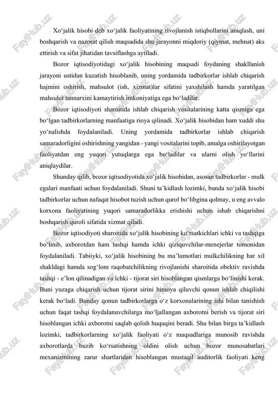 hamda sog‘lom raqobatchilikning rivojlanishi sharoitida obektiv ravishda tashqi - e’lon qilinadigan va ichki - tijorat siri hisoblangan qismlarga bo‘linishi kerak. buni yuzaga chiqarish uchun tijorat sirini himoya qiluvchi qonun ishlab chiqilishi kerak bo‘ladi. bunday qonun tadbirkorlarga o‘z korxonalarining ishi bilan tanishish uchun faqat tashqi foydalanuvchilarga mo‘ljallangan axborotni berish va tijorat siri hisoblangan ichki axborotni saqlab qolish huquqini beradi. shu bilan birga ta’kidlash lozimki, tadbirkorlarning xo‘jalik faoliyati o‘z maqsadlariga munosib ravishda axborotlarda buzib ko‘rsatishning oldini olish uchun bozor munosabatlari mexanizmining zarur shartlaridan hisoblangan mustaqil auditorlik faoliyati keng rivojlantirilishi kerak. ishlab chiqarish vositalariga xususiy mulkchilik sharoitida mulk egalarining mavjud imkoniyatlaridan kelib chiqqan ichki rejalashtirish o‘z rivojini topishi kerak. bozor iqtisodiyoti sharoitida xo‘jalik hisobi har bir tadbirkor tomonidan o‘zining xohishiga qarab tashkil qilinib, umumbelgilangan talablarga rioya qilish bilan birga boshqarishning ma’muriy - buyruqbozlik tizimiga xos bo‘lgan qat’iy tartibga solingan hisobning o‘rniga davlat tomonidan qo‘yiladigan tartibotini minimumgacha kamaytirib boradi. buxgalteriya hisobida xo‘jalik operatsiyalari o‘lchov …