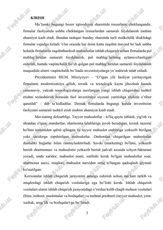 vob beradigan, texnik nazorat bo'limi tomonidan qabul qilingan va tayyor mahsulot omboriga yetkazib berilgan yoki xaridorga topshirilgan mahsulotlar. ombordan chiqarilgan mahsulotlar dastlabki hujjatlar bilan rasmiylashtiriladi. savdo (marketing) bo'limi, yetkazib berish shartnomasi va mahsulotni yetkazib berish jadvali asosida schyot-fakturani yozadi, unda xaridor, mahsulot nomi, sotilishi kerak bo'lgan mahsulotlar soni, shartnoma narxi, miqdori, mahsulot narxidan ortiq to'langan qadoqlash qiymati ko'rsatilgan. korxonalar ishlab chiqarish jarayonini amalga oshirish uchun ma’lum tarkib va miqdordagi ishlab chiqarish vositalariga ega bo’lishi kerak. ishlab chiqarish vositalari ularni ishlab chiqarish jarayonidagi o’rnidan kelib chiqib mehnat vositalari (bino, inshoot, mashinalar va boshqalar) va mehnat predmeti (tayyor mahsulot, yem-xashak, urug’lik va boshqalar) ga bo’linadi. demak, tayyor mahsulot xo’jalik subyekti aktivlarining (tovar moddiy zaxiralarining) tarkibiy qismi bo’lib, ishlab chiqarishning natijasi sifatida xo’jaliklar faoliyatida muhim o’rinni egallaydi. tayyor mahsulot ishlab chiqarish va sotish hajmi har qanday sanoat korxonasi faoliyatining eng muhim ko'rsatkichidir. cheklangan ishlab chiqarish imkoniyatlari va nisbatan cheksiz talab sharoitida ishlab chiqarish …