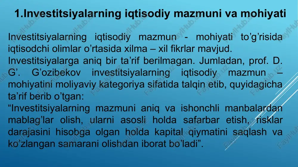 ‘larni yoki real yohud moliyaviy aktivlarga investitsiyalash mumkin. ular investitsiyalash atamasi mazmunini kelajakda foyda olish maqsadida bugun pul bilan «xayrlashish»da ko‘radilar. o‘zbekiston respublikasining 2019 yil 25 dekabrdagi «investitsiyalar va investitsiya faoliyati to‘g‘risida»gi 598-son qonuni. (12 ta bob, 69 ta moddadan iborat) o‘zbekiston respublikasining 2020 yil 17 fevraldagi «maxsus iqtisodiy zonalar to‘g‘risida»gi 604-son qonuni. (11 bob, 48 ta moddadan iborat) o‘zbekiston respublikasi prezidentining 2022 yil 28 yanvardagi “2022 - 2026 yillarga mo‘ljallangan yangi o‘zbekistonning taraqqiyot strategiyasi to‘g‘risida”gi pf-60-sonli farmoni. o‘zbekiston respublikasi prezidentining 2012 yil 10 apreldagi «to‘g‘ridan-to‘g‘ri xorijiy investitsiyalar jalb etilishini rag‘batlantirishga oid qo‘shimcha chora-tadbirlar to‘g‘risida»gi pf-4434 son farmoni. o‘zbekiston respublikasi prezidentining 2018 yil 1 avgustdagi «o‘zbekiston respublikasida investitsiya muhitini tubdan yaxshilash chora-tadbirlari to‘g‘risida»gi pf-5495 son farmoni. o‘zbekiston respublikasi prezidentining «erkin iqtisodiy zonalar faoliyatini jadallashtirish va kengaytirish bo‘yicha qo‘shimcha chora-tadbirlar to‘g‘risida» 2016 yil 26 oktabrdagi pf-4853-sonli farmoni. o‘zbekiston respublikasi prezidentining 2019 yil 29 apreldagi “respublika iqtisodiyotiga to‘g‘ridan-to‘g‘ri xorijiy investitsiyalarni jalb qilish …
