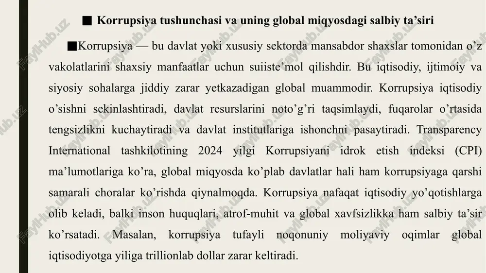 qaro sudlar va arbitrajlar ham muhim rol o’ynaydi. masalan, xalqaro jinoyat sudi korrupsiyani insoniyatga qarshi jinoyatlar bilan bog’liq holda ko’rib chiqishi mumkin. bundan tashqari, jahon savdo tashkiloti va jahon banki kabi idoralar korrupsiyani loyihalarda oldini olish mexanizmlarini joriy etadi korrupsiyaga qarshi xalqaro tashkilotlar faoliyati.bmt, oecd, greco, transparency international bmt korrupsiyaga qarshi kurashda yetakchi rol o’ynaydi. tashkilotning narkotiklar va jinoyatchilik bo’yicha idorasi (unodc) konvensiyani amalga oshirishni muvofiqlashtiradi va davlatlarga texnik yordam ko’rsatadi. bmt korrupsiyani global muammo sifatida ko’rib chiqadi va uning oldini olish bo’yicha dasturlarni ishlab chiqadi.oecd xorijiy poraxo’rlikka qarshi kurashda faol. tashkilotning bribery working group xorijiy savdo korrupsiyasini monitoring qiladi va tavsiyalar beradi. oecd standartlari ko’plab mamlakatlarda qonunchilikni takomillashtirgan.greco yevropa kengashi doirasida faoliyat yuritadi va a’zo davlatlarning korrupsiyaga qarshi choralarini baholaydi. transparency international fuqaro’lik jamiyati tashkiloti bo’lib, korrupsiya indeksini e’lon qiladi va shaffoflikni rag’batlantiradi. tashkilot global kampaniyalar o’tkazadi va davlatlarga tavsiyalar beradi. xalqaro tajribani o’zbekistonda qo’llash imkoniyatlari o’zbekiston korrupsiyaga qarshi …