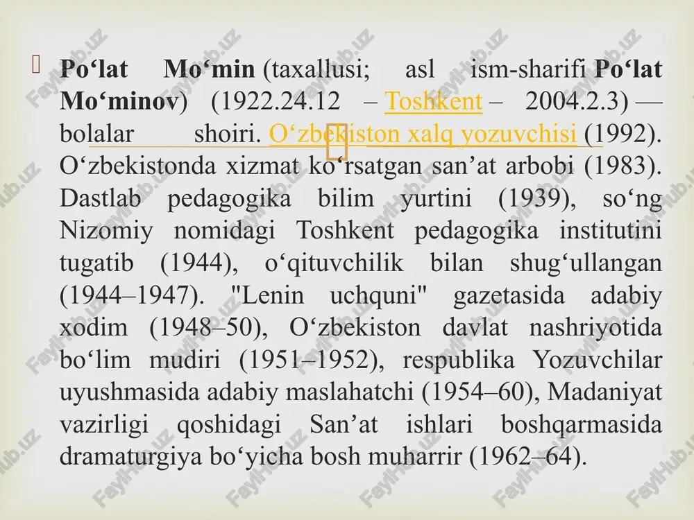 alar hayotidan jonli lavhalar chizib ko'rsatadi. po'lat mo'min o'zining lirik she'rlari, dilrabo qo'shiqlari, ajoyib ertak va dostonlari, sahna asarlari bilan elga tanildi. u shu kunlarda ham serqirra ijodi bilan bolalar adabiyoti taraqqiyotiga o'z xissasini qo'shib kelmoqda. xususan, odob, axloq mavzui shoir ijodidan asosiy o'rin olgan. po'lat mo'minning ijodiy jixatdan tinmay o'sayotganligi g'oyat quvonchlidir.  po'lat mo'min ijodining fazilatlaridan yana biri shundaki, u o'lkamizning go'zal tabiatini, kichkintoy zamondoshlarimizning qaxramonona mehnat zafarlarini, ularning his-hayajonini, ichki olamini ishonarli vat a'sirli qilib ifodalashga ko'rinadi. po'lat mo'minning ijodi ham kattalar ham, bolalar uchun ham mos keladi, shuning uchun ham uning qiymati balanddir. po'lat mo'min bolalarning qo'shiqchi shoir sifatida o'z o'rniga, ovoziga ega.  aytish mumkinki, po'lat mo'min bolalarning qo'shiqchi shoiri sifatida o'z o'rniga, ovoziga ega aytish mumkinki, po'lat mo'min bolalarning qo'shiqchi shoiri sifatida o'z o'rniga ega. po'lat mo'min o'zbek bolalar adabiyotining qo'shiq janrini doimo avaylab, parvarish etib kelayotgan, unga yangi sayqal, yangi qanot bag'ishlayotgan shoirlardan …