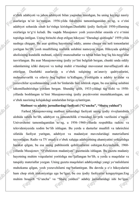 aoliyati (“g‘uncha”, “sharq yulduzi”) farhod musajonovning matbuot sohasidagi faoliyati uning ijodiy rivojlanishida alohida sahifa bo‘lib, adabiyot va jamoatchilik o‘rtasidagi ko‘prik vazifasini o‘tagan. universitetni tamomlaganidan so‘ng, u 1956–1960-yillarda respublika radiosi va televideniyesida xodim bo‘lib ishlagan. bu yerda u dasturlar muallifi va tahrirchisi sifatida faoliyat yuritgan, adabiyot va madaniyat mavzularidagi materiallarni tayyorlagan. radio va tv orqali u o‘zbek xalqiga adabiyotning ahamiyatini yetkazishga harakat qilgan, bu esa uning publitsistik qobiliyatlarini oshirgan.keyinchalik, 1960-yillarda musajonov “o‘zbekiston madaniyati” gazetasida ishlagan. bu gazeta madaniy hayotning muhim voqealarini yoritishga mo‘ljallangan bo‘lib, u yerda u maqolalar va tanqidiy materiallar yozgan. uning gazeta maqolalari adabiyotdagi yangi yo‘nalishlarni muhokama qilgan, yosh yozuvchilarni rag‘batlantirgan. bu davrda u o‘z hikoyalarini ham chop etish imkoniyatiga ega bo‘lgan, bu esa ijodiy faoliyatini kengaytirgan.eng muhim bosqich “g‘uncha” va “sharq yulduzi” adabiy jurnallaridagi ishi bo‘lgan. “g‘uncha” jurnaliga 1960-yillarning o‘rtalarida qo‘shilgan musajonov bu yerda yosh adiblar bo‘limi mas’uli bo‘lib xizmat qilgan. jurnal bolalar va o‘smirlar uchun mo‘ljallangan bo‘lib, …