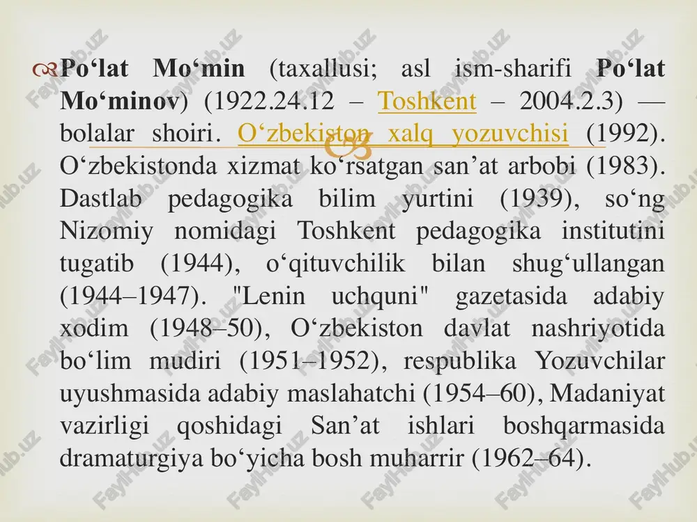 ://uz.wikipedia.org/wiki/sergey_mixalkov https://uz.wikipedia.org/wiki/"el-yurt_hurmati"_ordeni https://uz.wikipedia.org/wiki/"el-yurt_hurmati"_ordeni https://uz.wikipedia.org/wiki/"el-yurt_hurmati"_ordeni https://uz.wikipedia.org/wiki/"el-yurt_hurmati"_ordeni https://uz.wikipedia.org/wiki/"el-yurt_hurmati"_ordeni https://uz.wikipedia.org/wiki/"el-yurt_hurmati"_ordeni https://uz.wikipedia.org/wiki/"el-yurt_hurmati"_ordeni https://uz.wikipedia.org/wiki/"el-yurt_hurmati"_ordeni   po'lat mo'min 1945-1946 yillarda kinoaktyorlar maktabida dars berdi. 1946-1951 yillarda “lenin uchquni” gazetasida san'at va adabiyot bo'limining boshlig'i bo'lib ishladi.   po'lat mo'min shoir sifatida asosan urushning so'nggi yillarida tanildi. u pionerlar gazetasida ishlar ekan, o'z o'quvchilarining seminarlariga faol qatnashdi.1940 yillarda she'r yozishni mashq qilgan bo'lsada, asosan 1944 yildan boshlab matbuotda ko'rina boshladi.   1949 yilda uning bolalar uchun “sayrang qushlar” nomli to'plami, undan so'ng “tosh kuylari” (1951), “oltin boshoqlar” (1951), “bo'l tayyor” (1953), “tish cho'tka, poroshok va atir sovun haqida ertak” (1954), “do'stlarga” (rustilida), “oftobchiqdi olamga” kabi to'plamlari nashr etildi.   1954 yildapo'lat mo'minning “orinbosarlar” poemasi nashr etildi. poema kasb tanlash, hunar maktablari o'quvchilarining hayoti, o'qishi, mexnati, o'z kasblsrini qiziqib o'rganishlari yoritilgan.   1958 yilda shoirning bolalar uchun “hunardan unar”, rus tilida “smelo shagaem” to'plamlari nashr etildi. uning birin-ketin e'lon qilgan kitoblari “bo'l tayyor” …