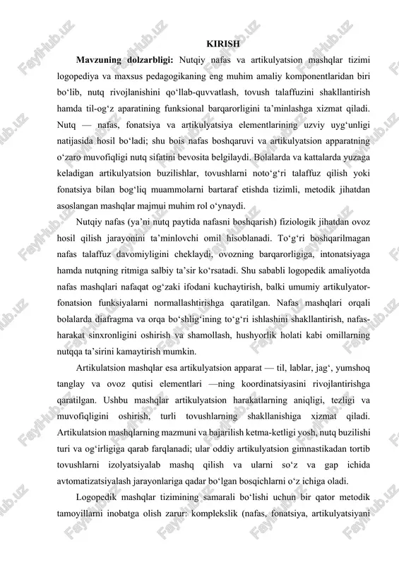 i jihat — amaliy mashq majmualari: nafasni kuchaytiruvchi va boshqaruvchi mashqlar, artikulyatsion gimnastika, tovushlarni chiqarish mashqlari, avtomatizatsiya va generalizatsiya bosqichlariga oid turli mashqlar namunalarini tizimli ravishda keltirishdir. amaliyotga joriy etish nuqtai nazaridan mashqlar tizimi yosh xususiyatlarini hisobga olgan holda bolalar uchun o‘yin, hikoya, qo‘shiq, harakatli mashg‘ulotlar orqali integratsiyalangan shaklda tashkil etilishi lozim. bu orqali mashqlar bolaning e’tiborini ushlab turadi, motivatsiyasini oshiradi va mashg‘ulot samaradorligini ta’minlaydi. kattalar bilan ishlashda esa mashqlar ko‘proq maqsadga yo‘naltirilgan, texnik jihatdan mukammal bajarishga qaratilgan bo‘lib, nafas-fonatsion rejimni tiklash, artikulyator koordinatsiyasini qayta shakllantirish va tovushni barqarorlashtirishga yo‘naltiriladi. zamonaviy logopedik amaliyotda nafas va artikulyatsion mashqlarni takomillashtirishda texnologik yechimlar ham muhim ahamiyat kasb etadi. audio-video yozuvlar, nutq tahlili dasturlari, interaktiv ilovalar va sensorli o‘yinlar yordamida mashqlarni monitoring qilish, natijalarni baholash va mashg‘ulotlarni individualizatsiyalash osonlashadi. biroq texnologiyalar asosan yordamchi vosita sifatida ishlatilishi kerak; asosiy rolni hali ham mutaxassisning to‘g‘ri diagnostika va metodik yo‘naltirilganligi tutadi. kurs ishining keyingi boblarida nutqiy nafas …
