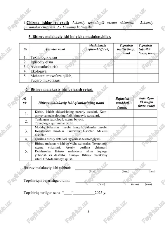 sh texnologiyasi. 5. bitiruv malakaviy ishi bo‘yicha xulosalar. texnologik sxema chizmasi. asosiy qurilma chizmasi. detalirovka. bitiruv malakaviy ishini taqrizga yuborish va dastlabki himoya. bitiruv malakaviy ishini dakda himoya qilish. bitiruv malakaviy ishi rahbari: _______________________________________ (f.i.sh) (imzo) (sana) topshiriqni bajarishga oldim: _______________________________________ (f.i.sh) (imzo) (sana) topshiriq berilgan sana “____”___________2025 y. mundarija kirish……………………………………………………………………………5 i bob. adabiyotlar sharhi 1.1. o‘zbekiston hududidagi soda ishlab chiqarish korxonalari…………………. 9 1.2. sodaning xalq xo’jaligidagi ahamiyati………………………………………12 1.3. kalsinatsiyalangan sodaning kimyoviy usullarda olinishi.………………… 14 1.4. kalsinatsiyalangan sodani solve usulida ishlab chiqarish………………… 16 ii bob. tajribalar qismi 2.1. soda ishlab chiqarish texnologiyasi…………………………….……………19 2.2. ammiakli usulda kalsinirlangan soda olish texnologiyasi.……………….. 22 2.3. texnologik jarayon va qurilmalar bayoni………………………………… 27 iii bob. hisob qismi 3.1. moddiy balansi…………………………………………………………… 49 3.2. issiqlik balansi……………………………………………………………. 53 iv bob. avtomatlashtirish qismi………………………………... 61 v bob. iqtisod qismi…………………………………………………… 66 vi bob. ekologik qism ………………………………………………… 77 vii bob. mehnatni muxofaza……………………………………… 84 7.1. mehnatni muxofaza……………………………………………………… 84 xulosalar………………………………………………………..………. 89 foydalanilgan adabiyotlar ro‘yxati…………………...…. 91 …