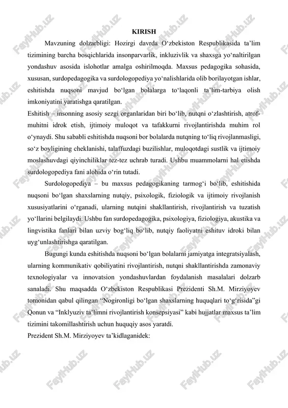 da eshitishda nuqsoni bor bolalar bilan olib boriladigan logopedik ishlarning nazariy asoslari, amaliy yondashuvlar, zamonaviy texnologiyalar hamda ilg‘or xorijiy va mahalliy tajribalar tahlil qilinadi. ish davomida surdologopedik mashg‘ulotlarni tashkil etishning bosqichlari, metodlari va ularning samaradorligini oshirish yo‘llari ilmiy jihatdan yoritiladi. shunday qilib, surdologopediya fanining mohiyati nafaqat nutqni to‘g‘rilash, balki bolaning ijtimoiy, psixologik va intellektual rivojlanishini kompleks qo‘llab-quvvatlashdan iboratdir. ushbu kurs ishi eshitishda nuqsoni bor bolalarning to‘laqonli ta’lim-tarbiyasini ta’minlash, ularni jamiyat hayotiga faol integratsiya qilish, shuningdek, ularning nutqiy rivojlanishini zamonaviy metodlar asosida takomillashtirishga qaratilgan ilmiy izlanishdir. u nuqsonning oldini olish va kompensatsiyalash (o‘rnini to‘ldirish)ning ilmiy asoslangan yo‘l va vositalarini ishlab chiqish, shaxsning rivojlanish sharoitlarini asoslab berish bilan eshitishida muammosi bo‘lgan bolalar ta’lim-tarbiyasi amaliyotiga tubdan ta’sir ko‘rsatadi. surdopedagogika uchun buyuk psixolog defektolog l.s vigotskiyning ‘’nuqsonning murakkab tuzilishi’’ haqidagi ta’limoti juda katta ahamiyatga ega. ushbu ta’limot bo‘yicha, birlamchi nuqson o‘z navbatida ikkilamchi nuqsonni yetaklab keladi. mana shu ikkilamchi nuqson o‘z ortidan ko‘pgina nuqsonalarni …