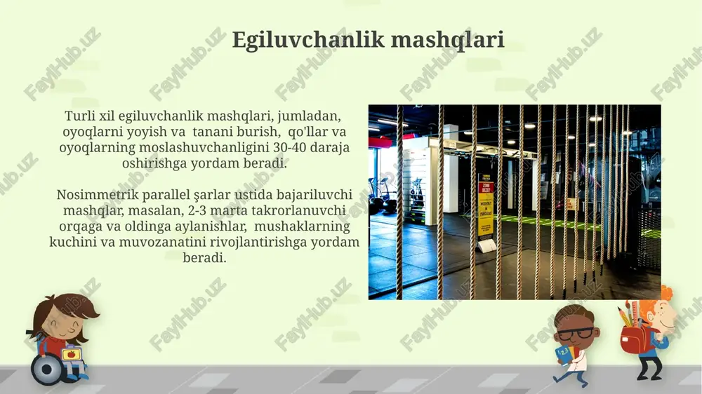 darajasiga ega bo'lishi mumkin va yuqori darajadagi gimnastikachilar uchun mo'ljallangan. "kuchli mashqlar"da 2-3 marta takrorlanadigan, har bir takrorlashda 10-15 soniya davom etadigan, statik holatlarni o'z ichiga olgan kuch va muvozanatni talab qiladigan elementlar mavjud. o'tish va tutinish o'zgarishlari o'tish va tutinish o'zgarishlari 2-3 ta turli usulda bajarilishi mumkin, masalan, yuqori ko'ndalangdan pastga sakrash va darhol teskari tutinishga o'tish yoki esa pastki ko'ndalangdan yuqoriga ko'tarilish va parallel tutinishni o'zgartirish. balans va kuch talab qiladigan o'tish va tutinish o'zgarishlarida 180 yoki 360 graduslik aylanishlarni bajarish texnik mahoratni yuqori darajada namoyon etadi. asosiy tutinish turlari "asosiy tutinish" turlarining 2ta asosiysi — tor va keng tutinish bo'lib, ular gimnastik harakatlarning murakkabligini va bajarilish texnikasini sezilarli darajada o'zgartiradi. qo'llarni parallel, xochsimon va almashlab tutgan holda bajariladigan kamida 5 xil asl tutinish usuli mavjud bo'lib, ular harakatlarning dinamikasini va qiyinligini belgilaydi. e'tiboringiz uchun rahmat @taqdimot_robot image6.jpg image7.jpg image8.jpg image9.jpg image10.jpg image11.jpg image12.jpg image13.jpg image14.jpg image15.jpg image16.jpg …