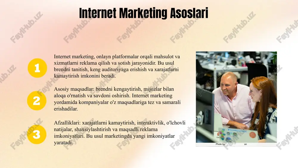 mladan, seo, ijtimoiy tarmoqlar, email marketing va onlayn reklama, ular va ularni samarali foydalanish usullarini ko'rsatdik, auditoriya bilan bog'lanishni kuchaytirish uchun. natijalarni o'lchash uchun analitik vositalar va metriklardan foydalanishni muhimligini ta'kidladik, muvaffaqiyat uchun aniq maqsadlar qo'yish va doimiy monitoring qilish zarurligini aytdik. photo by i'm zion on unsplash 1 2 3 foydalanilgan adabiyotlar 1. zokirov, s. (2020). internet marketing asoslari va ularning kanallari. o'zbekiston marketing assotsiatsiyasi nashriyoti. 2. akbarov, a. (2019). onlayn reklama kampaniyalarini yaratish va boshqarish. tashkent: marketing va internet tahlil markazi. 3. nurmatov, d. (2021). natijalarni o'lchash va optimallashtirish usullari internet marketingda. o'zbekiston davlat universiteti ilmiy nashriyoti. 4. islomov, r. (2018). digital marketing strategiyalari va ularni amalga oshirish. tashkent: marketing o'quv adabiyoti. 5. qodirov, m. (2022). internet marketingning zamonaviy tendentsiyalari va kelajakdagi roli. o'zbekiston texnologiya va innovatsiyalar universiteti journal, 5(3), 45-60. e'tiboringiz uchun rahmat! image1.png image2.png image3.png image4.png image5.png image21.jpg image22.jpg image7.png image8.png image9.png image10.png image17.png image18.png image19.png …