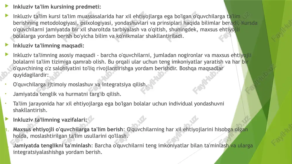 arning hal etilishi talabetiladi: ta’lim muassasasida imkoniyati cheklangan bolalar va o’smirlarningta’lim olishlari uchun zaruriy psixologik - pedagogik, korreksion sharoitlarniyaratish, ularning imkoniyatiga yo’naltirilgan umumta’lim dasturlari va korreksionishlarni amalga oshirish orqali ruhiy rivojlanishi, ijtimoiy moslashtirishni amalgaoshirish; - o’quvchilarning ta’limdagi tenglik huquqini kafolatlash maxsus ehtiyojli bolalarnining ta’lim-tarbiyasida teng huquqlilikmuammosini hal etish bugungi kunning dolzarb muammolaridan biridir. ammobugungi kunda ham juda ko‘plab bolalar turli xildagi sabablarga ko‘ra ta’limdanchetda qolib ketmoqdalar. inklyuziv ta’limga jalb qilishning tashkiliy, ilmiy-uslubiy choralarini ko‘rib chiqish, ya’ni mutaxassislarni tayyorlash, malakasinioshirishga oid tadbirlarni ishlab chiqish lozim. alohida yordamga muxtojbolalarni umumta’lim muassasalariga jalb qilishning ikki asosiy omili bor: imkoniyati cheklangan bola ham barcha bolalardek bola hisoblanadi va u tanolinishi, hurmatga sazovor bo‘lishiga haqli, shuning uchun ularni nuqsoni bilanatalishi nomaqbul hisoblanadi.imkoniyati cheklangan bolalar normalrivojlanishdagi bolalar kabi topshiriq va vazifalarni tezlik bilan mukammal amalgaoshira olmasalarda, ammo imkoniyat darajasida bajara oladilar. bolaninghuquqlarini himoya qilish, ularga ijobiy munosabatda bo’lish tarbiyalashningmuhim usulidir. shuning uchun ham ularni tahqirlashlarga yo’l …