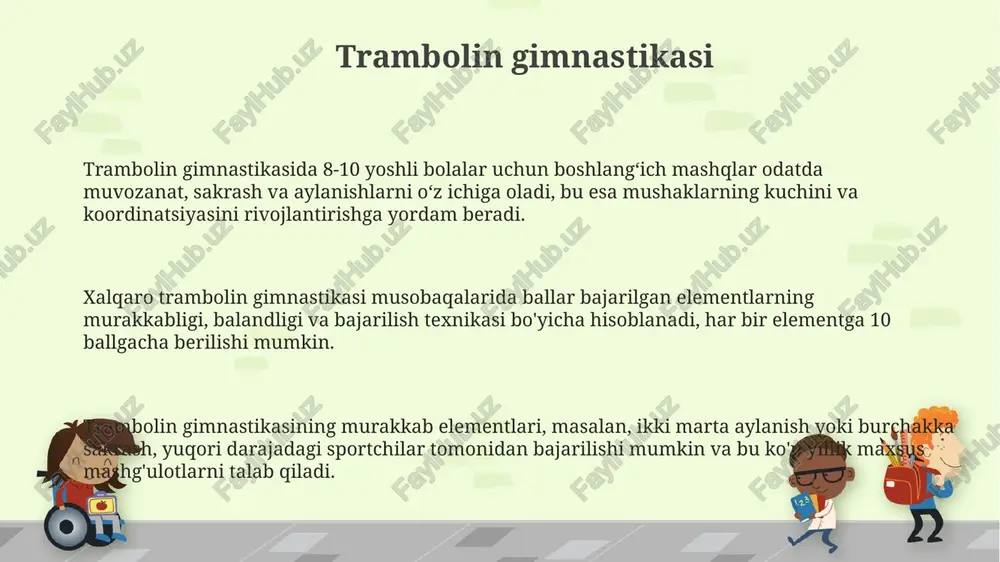 borat bo'lib, birinchi qismi — majburiy elementlar, ikkinchisi — ixtiyoriy elementlarni o'z ichiga oladi, har bir elementning bajarilish sifati ballar bilan baholanadi. aerogimnastika 10-16 metr balandlikdagi maxsus tramplinlardan foydalanib, havoda murakkab akrobatik harakatlarni bajarishni o'z ichiga oladi, bu esa sportchining kuchini, moslashuvchanligini va muvozanatini talab qiladi. badiiy gimnastika badiiy gimnastika musobaqalarida, texnika va badiiylikka 10 balldan baholanadigan, murakkablik, ijro va artistiklikni o'z ichiga olgan holatlar hisobga olinadi. har bir badiiy gimnastika mashqida, sportchilar 5 ta apparat – halqa, to'p, lenta, klub va skakalka bilan ijro etiladigan individual dasturlarni namoyish etadilar. badiiy gimnastika, 1980-yillarda olimpiada o'yinlariga kiritilganidan so'ng, tez rivojlanib, turli mamlakatlardan ko'plab sportchilarni jalb qilgan xalqaro miqyosdagi mashhur sport turiga aylandi. gimnastikaning afzalliklari gimnastika, ayniqsa, bolalar va o'smirlar uchun muhim ahamiyatga ega, chunki bu ularning jismoniy rivojlanishiga ijobiy ta'sir ko'rsatadi va 20 dan ortiq turli mushak guruhlarini mustahkamlaydi. gimnastika mushaklarning kuchini, moslashuvchanligini va chidamliligini 30% ga oshiradi, shuningdek, koordinatsiya va …