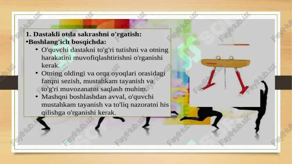 imdir, bu esa yuqori darajadagi mashqlarda ko'proq namoyon bo'ladi. aylanishlar turli xil qiyinchiliklarga ega bo'lib, ular 0,5 dan 2,5 ballgacha baholanishi mumkin bo'lib, bu aylanishning murakkabligi va bajarilish texnikasiga bog'liq. muvozanat mashqlari muvozanat mashqlarining murakkabligi 0,1 dan 0,5 ballgacha baholanadigan kichik harakatlardan, maksimal 0,8 ballgacha baholagan murakkab kompozitsiyalarigacha farq qiladi. muvozanat mashqlarida gimnastikachilar 1-2 sekund davomida 1,5-2 ball to'plash uchun murakkab aylanishlarni, masalan, "pike" yoki "arab" elementlarini bajaradilar. tana holatlari nosimmetrik tana holatlari, masalan, ikkala qo'lni teng balandlikda ushlab turish, murakkab rotatsion harakatlar va yuqori darajadagi kuch-quvvatni talab qiladi, bu esa 2-3 soniya davom etadigan elementlarni bajarishga imkon beradi. tana holatlari, masalan, "l" shaklidagi holat yoki to'g'ri chiziq holati kabi, o'ziga xos mushak kuchini va muvozanatni talab qiladi, bu esa 90 gradusdan ortiq burchak hosil qilishni o'z ichiga oladi. e'tiboringiz uchun rahmat image7.jpeg image8.png image9.png image10.jpg image11.jpg image12.jpg image13.jpg image14.jpg image15.jpg image16.jpg image17.jpg image18.jpg image19.jpg image20.jpg image21.jpg image3.png image4.png