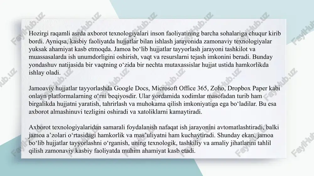 , ulashish va real vaqt rejimida tahrirlash imkonini beradi. google drive, microsoft onedrive, dropbox kabi platformalar turli formatdagi fayllar bilan birgalikda ishlashga sharoit yaratadi. 1 bunday xizmatlar yordamida jamoa a’zolari turli joylardan turib ham bir xil hujjat ustida ishlay oladilar. 2 bu esa masofaviy ishni samarali tashkil etish va vaqtni tejash imkonini beradi. 3 bulutli texnologiyalar ma’lumotlarning avtomatik saqlanishi, versiyalarni kuzatish va arxivlash kabi afzalliklarga ega. microsoft office 365, google docs va boshqa platformalarda jamoaviy hujjat yaratish amaliyoti microsoft office 365 va google docs bugungi kunda jamoaviy hujjatlar tayyorlashda eng ko‘p qo‘llaniladigan vositalardir. ushbu platformalarda bir vaqtning o‘zida bir nechta foydalanuvchi bitta fayl ustida ishlashi mumkin. har bir ishtirokchi o‘z tahrirlarini real vaqt rejimida amalga oshiradi, bu esa hamkorlikni ancha qulay qiladi. microsoft word online va google docs foydalanuvchilarga matn yaratish, formatlash, tahrirlash va izoh qoldirish imkonini beradi. bundan tashqari, har bir foydalanuvchining o‘z hissasi rang bilan ajratib ko‘rsatiladi, bu …