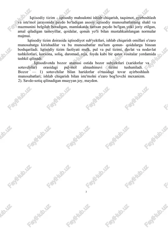 amoyillar, qoidalar, qonun yo'li bilan mustahkamlangan normalar majmui. iqtisodiy tizim doirasida iqtisodiyot sub'yektlari, ishlab chiqarish omillari o'zaro munosabatga kirishadilar va bu munosabatlar ma'lum qonun- qoidalarga binoan boshqariladi. iqtisodiy tizim faoliyati mulk, pul va pul tizimi, davlat va nodavlat tashkilotlari, korxona, soliq, daromad, reja, foyda kabi bir qator vositalar yordamida tashkil qilinadi. iqtisodivotda bozor atamasi ostida bozor subyektlari (xaridorlar va sotuvchilar) orasidagi pul-mol almashinuvi tizimi tushuniladi. bozor — 1) sotuvchilar bilan haridorlar o'rtasidagi tovar ayirboshlash munosabatlari; ishlab chiqarish bilan iste'molni o'zaro bog'lovchi mexanizm. 2). savdo-sotiq qilinadigan muayyan joy, maydon. 1-bob. bozor iqtisodiyotining mazmuni va amal qilishi. 1.1. bozor iqtisodiyotining mazmuni va asosiy belgilari. hozirgi davrda bozor iqtisodiyoti dunyoning ko‘pchilik mamlakatlari uchun xos bo‘lib, u turli mamlakatlarda har xil darajada va o‘ziga xos xususiyatlar bilan amal qilmoqda va rivojlanmoqda. bu iqtisodiyotning amal qilish mexanizmi ko'plab asrlar davomida tarkib topib, shakllanib, hozirgi davrda madaniylashgan shaklni kasb etdi va ko‘pgina mamlakatlarda hukmron iqtisodiy tizimga …