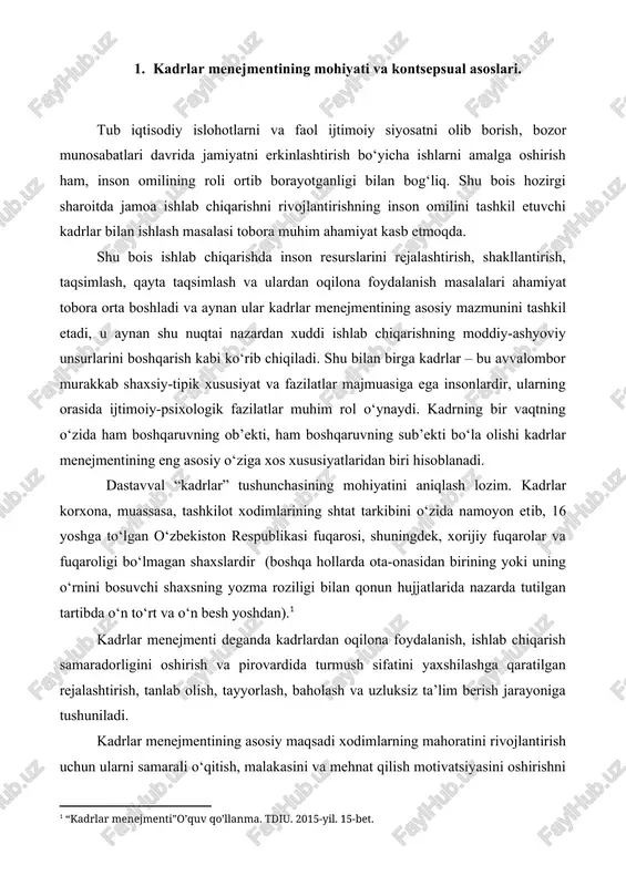larda ota-onasidan birining yoki uning o‘rnini bosuvchi shaxsning yozma roziligi bilan qonun hujjatlarida nazarda tutilgan tartibda o‘n to‘rt va o‘n besh yoshdan).[footnoteref:1] [1: “kadrlar menejmenti”o’quv qo’llanma. tdiu. 2015-yil. 15-bet.] kadrlar menejmenti deganda kadrlardan oqilona foydalanish, ishlab chiqarish samaradorligini oshirish va pirovardida turmush sifatini yaxshilashga qaratilgan rejalashtirish, tanlab olish, tayyorlash, baholash va uzluksiz ta’lim berish jarayoniga tushuniladi. kadrlar menejmentining asosiy maqsadi xodimlarning mahoratini rivojlantirish uchun ularni samarali o‘qitish, malakasini va mehnat qilish motivatsiyasini oshirishni uyg‘unlashtirish hamda ularni yanada yuqori darajadagi ishlarni bajarishga rag‘batlantirish hisoblanadi. kadrlar menejmentining asosiy maqsadi, yo‘nalishlari, shakllari va usullarining yig‘indisi kadrlar xizmatining yagona tizimiga kiradi, uning asosiy tizimchalari quyidagilar hisoblanadi: a) kadrlarni tahlil qilish, rejalashtirish va prognoz qilish tizimlari. uning asosiy vazifalari boshqaruv ob’ekti va tuzilmasini shakllantirish, kerak bo‘lgan kasb, mutaxassis va malakasiga ega bo‘lgan kadrlarga ehtiyojini hisoblash hisoblanadi. boshqacha qilib aytganda, mazkur tizimdagi masalalarning echimi “kim kerak va qancha kerak?” degan savolga javob berishi lozim; b) kadrlarni …