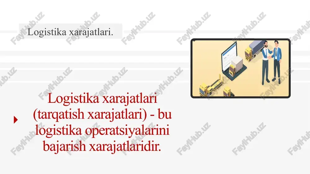 bo‘linmalari; - transport kommunikatsiyalari; - transport-ombor xo‘jaligini tam'irlash bo‘limlari; - telekommunikatsion tizimlar; - axborot-kompyuter tizimlari. 14 logistik tizimlarning iqtisodiy samarasi " " 14 ishlab chiqarish va muomala sohasida logistik yondoshuv quyidagi samarani beradi: 15 moddiy oqim harakati yo‘lida zaxiralar hajmini kamaytirish; tovarlarni yetkazib berish vaqtini qisqartirish transport xarajatlarini kamaytirish; qo‘l mehnati xarajatlarini kamaytirish. 15 o‘zbekiston 2016-2018 yillarda logistika samaradorligi indeksida 16 " " 16 o‘tgan 2016 yilgi hisobotga nisbatan o‘z ko‘rsatkichlarini 19 pog‘onaga yaxshilab, 2018 yilgi hisobotda o‘zbekiston dunyoda 99-o‘rinni egalladi. o‘zbekiston 2,58 ochko (5 ochkodan) to‘plagan bo‘lsa, dunyo peshqadami (germaniya) 4,2 ochko to‘plab, markaziy osiyoda ikkinchi o‘rinni egalladi. spasibo! imya telefon el. pochta veb-sayt 18 image5.jpeg image6.jpg image7.png image8.jpg image9.jpg image10.jpg image11.jpg image12.jpg image13.png image14.jpg image15.jpg image16.jpg image17.jpg image18.jpg image1.png image2.svg image2.png image4.svg image3.png image6.svg image4.png image8.svg image19.jpeg 800997982 business logistics concept vector illustration. delivery and logistics delivery and logistics .msftofcthm_background1_fill { fill:#ffffff; } .msftofcthm_background1_fill { fill:#ffffff; } .msftofcthm_background1_fill …