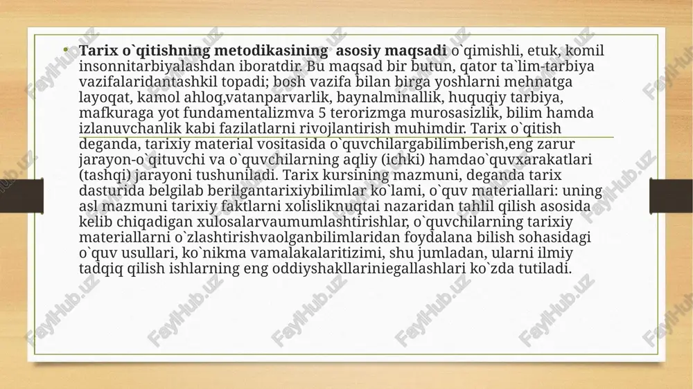 kkurli, sog`lom, ma’naviy va ma’rifiy jixatdan barkamol, iqtisodiy islohatlarning moxiyatini tushunadigan hamda ularni yangi ijtimoiy munosabatlarini shakllantirish orqali hayotga tadbiq etaoladigan yuqori malakali qadrlar zarur. ko`rsatib o`tilgan xislatlarning poydevori esa umumiy o`rta ta’lim mnktablarida va unda o`qitiladi tarix fanining saviyaga bog`liq. tarix ta’limi, uning mazmuni va maqsadini aniqroq anglab olish uchun, hozirgi kunimizga, ya’ni mustaqil davlat tashkil topishi arafasigacha tarix ta’limining vujudga kelishi va uni fan sifatida o`qitilishi o`zbekiston tarixini nima uchun maktablarda o`rganilmasdan qolganligi, kamchiliklar va dolzarb muammolarni bilish maqsadga muvofiqdir. tarix ta’limining yuqorida aytilgan maqsad va mazmunidan kelib chiqib, tarix o`qitish uslubiyatini bosib o`tgan tarixiy yo`liga nazar tashlashni taqoza etadi. hozirgi tarix o`qitish uslubiyati tarixchi olimlar, o`qituvchi va o`quvchilarning mehnati va ijodiy izlanishining natijasidir. tarix o`qitish uslubiyatining vujudga kelishi va rivojlanishi jahon tarix fanining, ijtimoiy sotsial va iqtisodiy rivojlanish tarixi bilan siyosiy qarashlarning rivojlanishi, hamda pedagogika faning rivojlanishi bilan bog`liqdir. metodika so`zi qadimgi grekcha “metodos” so`zi dan olingan …