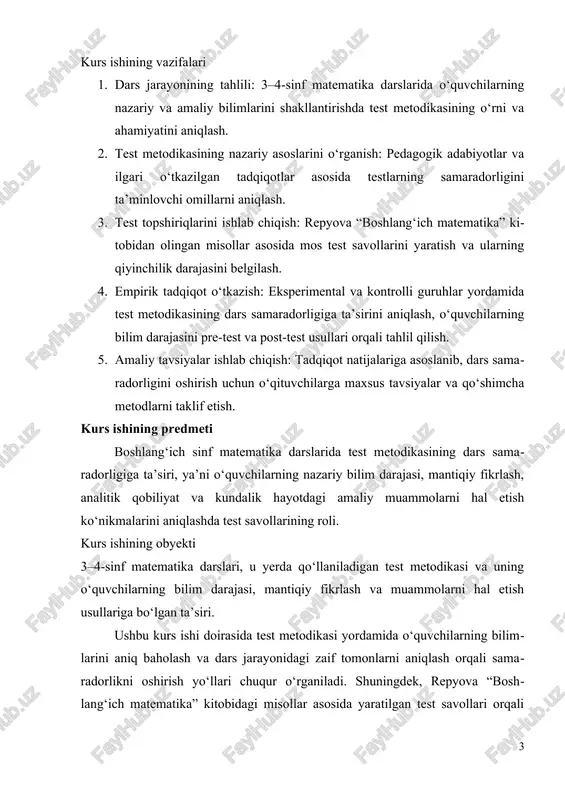 atika darslarida test metodikasining dars samaradorligiga ta’siri, ya’ni o‘quvchilarning nazariy bilim darajasi, mantiqiy fikrlash, analitik qobiliyat va kundalik hayotdagi amaliy muammolarni hal etish ko‘nikmalarini aniqlashda test savollarining roli. kurs ishining obyekti 3–4-sinf matematika darslari, u yerda qo‘llaniladigan test metodikasi va uning o‘quvchilarning bilim darajasi, mantiqiy fikrlash va muammolarni hal etish usullariga bo‘lgan ta’siri. ushbu kurs ishi doirasida test metodikasi yordamida o‘quvchilarning bilimlarini aniq baholash va dars jarayonidagi zaif tomonlarni aniqlash orqali samaradorlikni oshirish yo‘llari chuqur o‘rganiladi. shuningdek, repyova “boshlang‘ich matematika” kitobidagi misollar asosida yaratilgan test savollari orqali dars mazmunining yanada tushunarli va qiziqarli bo‘lishiga erishish nazarda tutilgan. bunday yondashuv pedagogik jarayonni innovatsion metodlar bilan boyitishga, o‘quvchilarning individual imkoniyatlarini hisobga olish va darsni interaktiv shaklda o‘tkazishga yordam beradi. agar qo‘shimcha ma’lumotlar yoki tahrir kiritish zarur bo‘lsa, iltimos, bildiring. 4. ilmiy tadqiqot metodlari. ishda quyidagi ilmiy tadqiqot usullaridan foydalanildi: 1.ilmiy uslubiy adabiyotlar va manbalar, vaqtli pedagogik matbuotda, internet saytlarida (masalan, ziyonet.uz da) …
