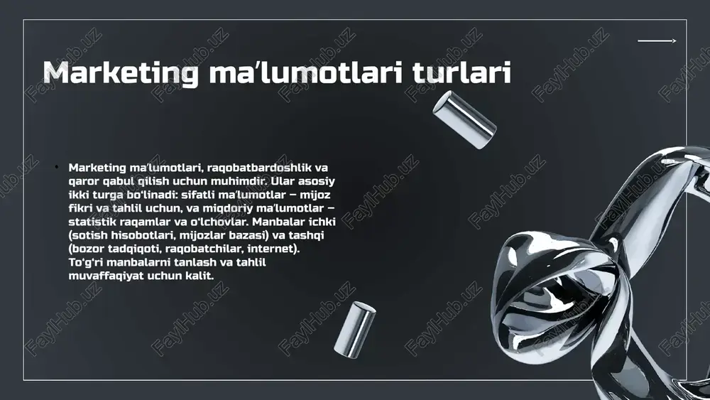 statistikalar bilan tahlil qilinadi. katta maʼlumotlar esa big data texnologiyalari va mashina oʻrganishga tayangan. tahlil natijalari qanday qoʻllash mumkin natijalar marketing strategiyalarini ishlab chiqishda, mijoz ehtiyojlarini aniqlashda va bozor raqobatini oshirishda qoʻllaniladi. strategik qarorlar qabul qilishda maʼlumotlardan foydalanish maʼlumotlar asosida qaror qabul qilish jarayoni strategik maʼlumotlarni tahlil qilish va prognoz qilishni o'z ichiga oladi, bu esa kompaniyalarga aniq va ishonchli qarorlar qabul qilish imkonini beradi. risklarni kamaytirish uchun maʼlumotlar yordamida muammo va xavflarni oldindan aniqlash mumkin. misol uchun, ishlab chiqaruvchi bozor talabini maʼlumotlarga asoslab aniqlaydi. big data va sunʼiy intellekt texnologiyalari bozor tendensiyalarini oldindan ko‘rishga yordam beradi. amaliy misollar va natijalar misol: amazon maʼlumotlarga asoslangan marketing strategiyalaridan muvaffaqiyatli foydalanmoqda. mijozlarning xarid tarixlari va xarajatlarini tahlil qilish orqali reklama kampaniyalarini optimallashtiradi. natijalar: reklama xarajatlarining kamayishi, konversiya darajasining oshishi. kelajakda real vaqt maʼlumotlarni tahlil qilish va sunʼiy intellekt texnologiyalari yordamida yanada samarali marketing strategiyalari ishlab chiqilmoqda. marketing maʼlumotlarining afzalliklari maʼlumotlar toʻplami va …