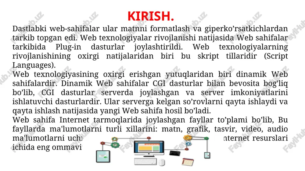 iy vazifasi – web-sahifaga “ma'lumotlarni joylashtirish” va ular orasidagi aloqani (gipersaloqalar) ta'minlashdan iborat. web-dasturlash texnologiyalarini, dasturlarini, interfaol o’zaro aloqa qismini ham asosan ikkita qismga ajratish mumkin: 1. klient tomonidagi dasturlarlash (client-side); server tomonidagi (server-side). klient tomonidagi ssenariylar foydalanuvchi tomonidan kiritilayotgan ma'lumotlarni to’g’riligini serverga murojaat qilmasdan tekshiradi. ko’p hollarda bu ssenariylar javascript va vbscript tillarida yoziladi. server tomonida bajarilishi kerak bo’lgan ssenariylar odatda sayt papkasining ichidagi maxsus papkaga joylashtiriladi. razmetkali tillar: html, xml, xhtml, wml. web-texnologiyaning (internet-texnologiya) web-dizayn qismini o’rganishni razmetkali til tasnifi bilan boshlaymiz. maxsus til mavjud bo’lib, bu til yordamida matnlar, grafik ma'lumotlar web-sahifa hujjatga joylashtiriladi va bu hujjatni barcha kompyuterda ko’rish imkoniyati mavjuddir. bunday maxsus tillar razmetkali tillar deb ataladi. ularning asosiy vazifasi – web-sahifaga “ma'lumotlarni joylashtirish” va ular orasidagi aloqani (gipersaloqalar) ta'minlashdan iborat. html (hypertext markup language) dastlab world wide web tizimi matnli ma'lumotlarni va html hujjatlarni ko’rishga mo’ljallangan, matnni taxrirlovchi tilga o’xshash tizim bo’lgan. ayni damda …