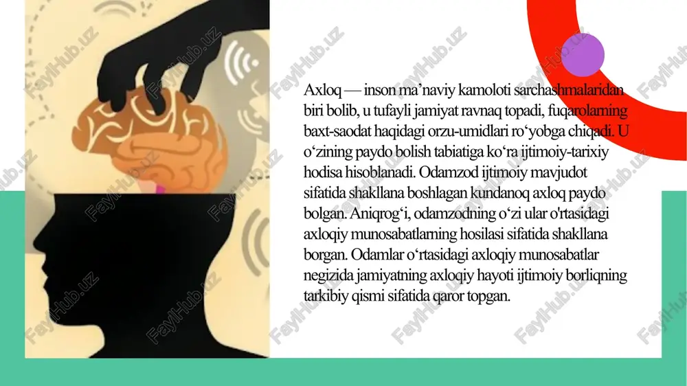 i qalban his qilish, yaxshi va yomondan birini tanlashga irodaviy jihatdan tayyor turish kabi darajalarga ajratish mumkin. axloqshunoslik tizimida uchta asosiy unsur, ya’ni odob, xulq va axloq tushunchalarini ajratib ko‘rsatish mumkin: 8 odob — inson haqida yoqimli taassurot uyg‘otadigan, lekin jamoa, jamiyat va insoniyat hayotida burilish yasaydigan darajada muhim ahamiyatga ega bolmaydigan, milliy urf-odatlarga asoslangan chiroyli xatti-harakatlarni o‘z ichiga oladi. xulq — oila, jamoa, mahalla-ko‘y miqyosida ahamiyatli bolgan, ammo jamiyat va insoniyat hayotiga sezilarli ta’sir ko‘rsatmaydigan yoqimli insoniy xatti-harakatlarning majmuyi. axloq — jamiyat, zamon, ba’zan umumbashariy ahamiyatga ega, insoniyat tarixi uchun namuna bola oladigan ijobiy xatti-harakatlar yig‘indisi, insoniy kamolot darajasini belgilovchi ma’naviy hodisa. zamonaviy etikaning asosiy sohalari: metaetika, normal etika, amaliy etika. 9 , sharq xalqlarida, xususan xalqimizning insoniy munosabatlar asosini axloq va axloqiylik tashkil etgan: siyosiy, huquqiy, iqtisodiy munosabatlar zaminida ham axloqiy mezonlar ustunlik qiladi. axloq – ma’naviyatning amalda namoyon bo’lishidir. ilm, bilim, dunyoqarash, idrok va iymon insonning xulq-atvorida …