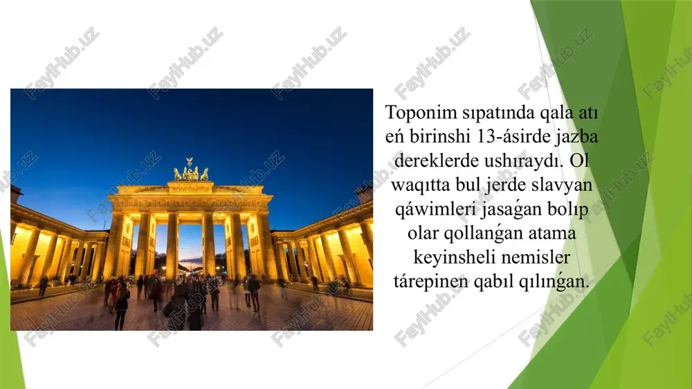 a(buda) atı menen baylanıslılıǵın kórsetip ótedi. obuda-bul sóz eski buda degen mánisti ańlatadı. bul jer áyyemde rimlilerdiń jaylasqan aymaǵı bolǵan. pest-dunaydıń shıǵıs jaǵası. bul atama slavyan tilinde oshaq kúygen orın mánisinde keledi. sebebi bul aymaqlarda ıssı bulaqlaq bolǵan. solay etip 1873-jılı buda obuda hám pest qalaları birigedi hám házirgi vengriyanıń paytaxtı bolǵan budapesht qalası shólkemlestiriledi. chernogoriya paytaxtı podgarica podgarica-iri qalası hám mádeniy oray esaplanǵan hámde paytaxt statusına iye. pod- astında degen mánisti ańlatsa gorica-kishintaw taw mánisin beredi. demek podgarica-tóbelik astındaǵı orın yamasa kishi taw etegindegi qala mánisin ańlatadı. qala negizinde gorica atlı tóbelik astında jaylasqanlıǵı ushında qala podgarica dep atalǵanlıǵı haqqında da maǵlıwmatlar bar. niderlandiya paytaxtı amsterdam paytaxt- amsterdam dáryasınıń quyılıw jerinde jaylasqan. qala dáslepndáryanı tosıp turıwshı toǵan qurılıwı átirapinda payda bolǵan. demek amstel+dam=amsterdam yaǵnıy amstel dáryasınıń toǵanı degen mánisti bildiredi. eń áyyemgi jazba dereklerde bul jer 1275-jılda aemstelredamme atı menen tilge alınǵan. bulda táp usı amstel dáryasınıń toǵanı mánisin …