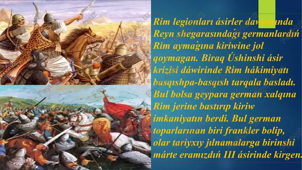birlesiwden aldın hárbir frank qáwimleri ózlerindegi huqiqiy spikerdiń nizamlarına ámel etken. 507-511-jılları xlodvig i húkimdarlıǵı dáwirinde jana frankler korollıǵına tiyisli bolgan puqaralıq nızamları toplamı jazılǵan bolıp, ol húkimdar salian qáwimi atı menen atalgan "salik nızamı" sıpatında belgili bolgan. nızam kodeksi latın tilinde jazılǵan bolıp, tiykarınan miyras hám jınayıy ádil sudlaw menen baylanıslı bolǵan hám keleshektegi ayırım evropa huqıq sisteması ushın tiykar bolǵan. frankler nizamınıń jáne bir kodeksi ripuar nizamı 630-jılı, ripuarlar avstraziya korolliginde ataqlılıqqa eriskende jazılǵan. galliyada jaylasıw frankler birinshi márte eramızdıń 289-jılı zamanagóy rim deregi tárepinen tilge alınǵan bolsa da, olar 289-jıldan 10 jil aldın rimlilerge qarsı gúresken. 260-jilga tiyisli rim marshi qosıǵı mıńlaǵan franklardıń ólimine ishora etedi. arxeologiyalıq dáliller bolsa frankler rim galliyasına 250-jıllarda hújim etkenligin kórsetedi. iii ásir aqırına kelip, frankler rim aymaģına qurgaqlıqtan da, teńizden de kóplep hújimler shólkemlestirgen. frank a`skerleri:jer orta teńizine júzip kirip, arqa afrikaga shekem bastırıp baradı. bul basqınshılıqlar franklerge qarsı bir neshe …