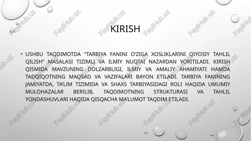 lardan farqini ko‘rsatadi. tarbiya nazariyalari zamonaviy axloqiy talablarga, milliy va madaniy an’analariga mos holda shaxsning ichki nazorat mexanizmlarini va mas’uliyat tuyg‘usini rivojlantirishga yo‘naltiriladi. normativ komponent talabalarni ijtimoiy, huquqiy va ma’naviy normalarga muvofiq tarbiyalash strategiyalarini belgilaydi va ta’lim siyosatining axloqiy bazasini shakllantiradi. qiyosiy tahlil usullari va mezonlari tarbiya fanini boshqa fanlar bilan qiyosiy tahlil qilishda aniq mezonlar va indikatorlar belgilanishi zarur: predmet chegarasi, metodlar, maqsad va vazifalar, amaliy qo‘llanilishi, baholash mezonlari va natija orientatsiyasi. qiyosiy tahlil strukturaviy taqqoslash, funktsional tahlil, metodologik tahlil va empirik solishtirish kabi usullar orqali amalga oshiriladi. shuningdek, indikativ ko‘rsatkichlar sifatida tarbiyaviy natija o‘lchovlari, rivojlanish darajasi, ijtimoiy moslashuv va axloqiy holat monitoringi qo‘llaniladi. bu usullar fanlararo chegara va o‘ziga xosliklarni aniqlashga imkon beradi. tarbiya fani va psixologiya: qiyosiy tahlil tarbiya fani va psixologiya o‘rtasidagi asosiy farq — maqsad va fokusda namoyon bo‘ladi: psixologiya insonning ichki psixik jarayonlarini tushunishga, tarbiya esa ularni ijtimoiy va axloqiy kontekstda shakllantirishga yo‘naltirilgan. psixologik …