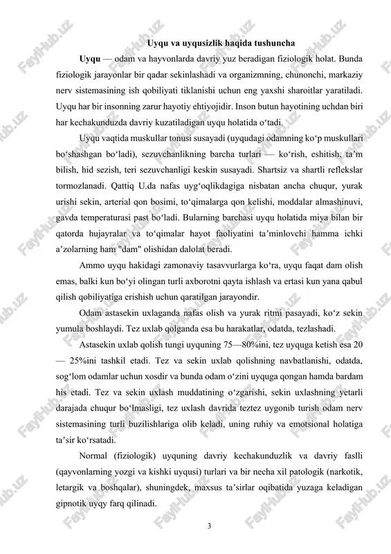 di; uyqu yoshlik davriga qaraganda birmuncha yuzaki va qisqa muddatli boʻlib qoladi, bu shu yoshdagi organizmning fiziologik xususiyatlari natijasidir. uyquning har qanday turida ham shifokor bilan maslahatlashish, zarur muolajalarni olish tavsiya etiladi, oʻz bilganicha doridarmonlar bilan davolanish xavfli asoratlarga olib keladi. uyqusizlik ayollarda erkaklardagidan 1,4 marta koʻp tarqalgan. uyqusizlik-bu uyquning boshlanishi, davomiyligi yoki sifati bilan bog‘liq takroriy muammolar bo‘lib, ular etarli vaqt va uxlash imkoniyatlariga qaramay yuzaga keladi va kunduzgi faoliyatning ayrim buzilishlariga olib keladi. kattalar orasida uxlab qolish va uyquni saqlash bilan bog‘liq muammolar, ya'ni uyqusizlik haqida shikoyatlar odatiy holdir. moslashuvchan uyqusizlik psixofiziologik uyqusizlik paradoksal uyqusizlik idiopatik uyqusizlik ruhiy kasalliklarda uyqusizlik uyqu gigienasi buzilgan uyqusizlik dori-darmonlarni yoki boshqa moddalarni qabul qilishda uyqusizlik ichki organlar kasalliklarida uyqusizlik noorganik xarakterdagi insomniya, aniqlanmagan organik xarakterdagi uyqusizlik, aniqlanmagan. uyqu paytida nafas olishning buzilishi. ushbu kichik guruhning kasalliklari uyqu paytida nafas olishning buzilishi bilan tavsiflanadi. markaziy apne sindromlarida markaziy asab tizimi yoki yurakning disfunktsiyasi …