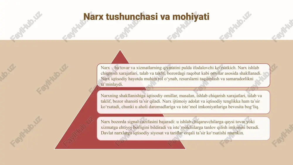 rsatadi. masalan, hashamatli tovarlarda narx ko‘tarilsa, xarid qilish darajasi tez pasayadi. kundalik mahsulotlarda esa aksincha bo‘lishi mumkin. iste'molchilarning narxga munosabati iste'molchilar narxlarni qabul qilishi yoki rad etishi psixologik va ijtimoiy omillarga bog‘liq. kimdir arzon narxlarni afzal ko‘rsa, boshqalar sifat va imidjga ko‘proq e’tibor beradi. narx strategiyasi bu omillarni hisobga oladi. narx va talab o'rtasidagi bog'liqlik tovar narxi oshganda talab odatda kamayadi. bu bog‘liqlik narx elastikligi orqali o‘lchanadi. elastik tovarlarda narx o‘zgarishi talabga kuchli ta’sir qiladi, noelastik tovarlarda esa talab barqarorroq bo‘ladi. narx va iste'molchilar xulq-atvori narx sezgirligi va iste'molchilarning narxga munosabati talab shakllanishida muhim rol o‘ynaydi. narx va talab o‘rtasidagi bog‘liqlikni tahlil qilish narx belgilashda to‘g‘ri strategiyani tanlashga yordam beradi. narxga ta'sir qiluvchi omillar: kirish narxni belgilashda iqtisodiy va ijtimoiy omillar muhim rol o'ynaydi. bozor sharoitlari, talab va taklif, hamda jamiyatdagi madaniy va ijtimoiy qadriyatlar narx shakllanishiga bevosita ta'sir ko'rsatadi. iqtisodiy omillar: - talab va taklif: mahsulotga talab oshganda narx …
