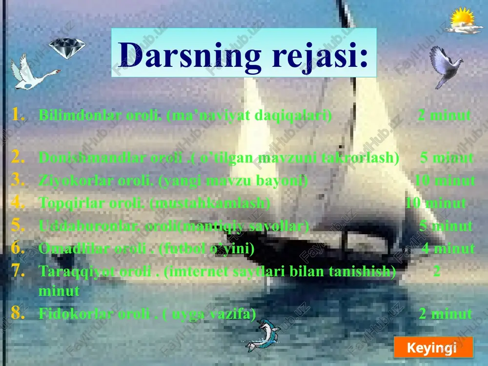 oroli taraqqiyot oroli bilimdonlar oroli oldingi 8 7 6 5 4 3 2 1 1) fermer otardagi qo’ylarni ko’zdan kechirib, cho’ponga dedi: “20 ta qo’yni 7 kunga toq sonda suyib bering”. xo’p bo’ladi dedi: cho’pon bu vazifasini qanday bajargan ekan? keyingi oldingi 2)bir yigit tasodifan bir savatcha tuxumni turtib, sindirib yubordi. u tuxumning egasiga savatdagi tuxumlar nechta deb so’raganda, u shunday javob berdi: tuxumlar sonini bilmayman. lekin ularni ikkitalab, uchtalab, to’rttalab, beshtalab, oltitalab savatga solganimda har doim bitta ortib qolardi. xo’sh, ayting-chi ayol bozorga eng kamida nechta tuxum olib kelgan? 3)shoh sayr qilib yurganda o’tlab yurgan otlar podasini ko’rdi va otboqardan so’raydi: otlaringiz nechta? agar otlarimga ularni yarmini, uchdan biri, to’rtdan biri, oltidan biri, sakkizdan biri, o’n ikkidan biri va sizning otingiz qo’shilsa, 60 ta bo’ladi. podada nechta ot bo’lgan? donishmandlar oroli ziyokorlar oroli topqirlar oroli uddaburonlar oroli omadlilar oroli fidokorlar oroli taraqqiyot oroli bilimdonlar oroli oldingi 6 7 8 …