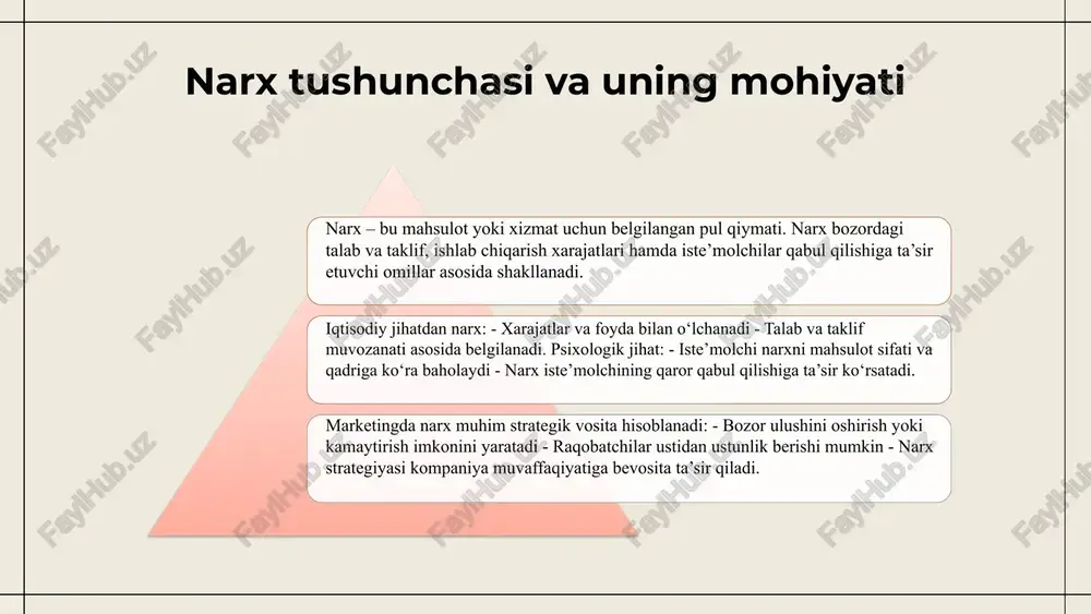 intellekt va big data yordamida dinamik narx belgilash va shaxsiylashtirilgan takliflar tez rivojlanmoqda. kelajakda raqamli marketing orqali real vaqtda narxlarni boshqarish, iste’molchi xatti-harakatlarini chuqur tahlil qilish va mos strategiyalar ishlab chiqish muhim bo‘ladi. bunday yondashuv bozordagi raqobatbardoshlikni oshiradi. photo by egor vikhrev on unsplash narxni belgilash usullari umumiy ma'lumotlar narxni belgilash usullari mahsulot yoki xizmat narxini aniqlashda ishlatiladi. bu usullar bozor sharoitlari va kompaniya strategiyasiga mos ravishda tanlanadi. asosiy omillarni ko'rib chiqish narxni belgilashda xarajatlar, raqobatchilar narxlari, bozor talabi va iste'molchi qiymati hisobga olinadi. har bir omil narx strategiyasini shakllantirishda muhim rol o'ynaydi. usullar turlari xarajatga asoslangan usul: xarajat + marja. raqobatga asoslangan: raqobatchilar narxlari. qiymatga asoslangan: iste'molchining mahsulotdan ko'radigan qiymati. xarajatga asoslangan narx belgilash afzalliklari va kamchiliklari xarajatga asoslangan narx belgilash usuli — mahsulot ishlab chiqarish va sotish xarajatlariga ustama (foyda normasi) qo‘shish orqali narxni aniqlashdir. masalan, mahsulot tayyorlash xarajati 100 000 so‘m, ustama 20% bo‘lsa, yakuniy narx 120 …