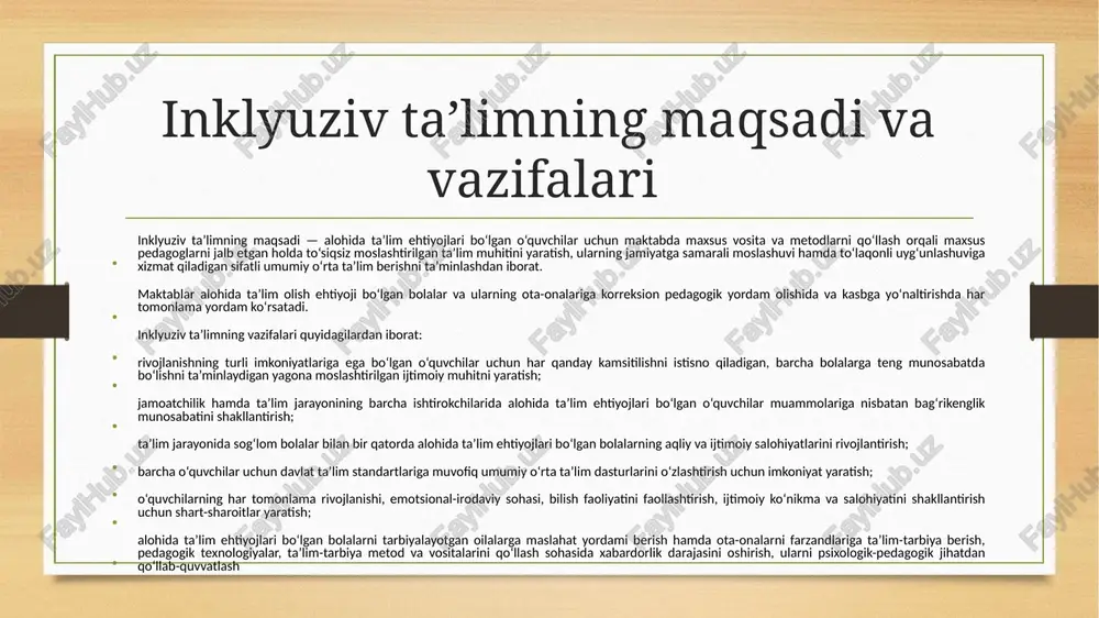 irqi, tanasining rangi, ijtimoiykelib chiqishi, oilasining jamiyatda tutgan o‘rni, manbai, moddiy va ma’naviy maxsus ehtiyojli bolalarnining ta’lim-tarbiyasida teng huquqlilikmuammosini hal etish bugungi kunning dolzarb muammolaridan biridir. ammobugungi kunda ham juda ko‘plab bolalar turli xildagi sabablarga ko‘ra ta’limdanchetda qolib ketmoqdalar. inklyuziv ta’limga jalb qilishning tashkiliy, ilmiy-uslubiy choralarini ko‘rib chiqish, ya’ni mutaxassislarni tayyorlash, malakasinioshirishga oid tadbirlarni ishlab chiqish lozim. alohida yordamga muxtojbolalarni umumta’lim muassasalariga jalb qilishning ikki asosiy omili bor:birinchidan, alohida ehtiyojga ega bo‘lgan bolalar ham sog‘lom bolalarbilan birgalikda o‘zaro faoliyat ko‘rsatishlari mumkin. inklyuziv ta’limmaqsadga muvofiq tarzda tashkil etilsa, maxsus ehtiyojli bolalar ijtimoiytomondan himoyalanadilar, sog‘lom bolalar esa ijtimoiy adolat va tenglikningtan olinishi buyukligini, nogiron bolalarga nisbatan yanada mehribon vae’tibor bilan munosabatda bo‘lishni his etadilar. alohida ehtiyojli bolalar ham sog‘lom tengdoshlari bilan birgalikda o‘zqobiliyati darajasida faoliyat ko‘rsatish, ta’lim olishi, kasb-xunar o‘rganishi varivojlanishi mumkin. inklyuziv ta’lim maqsadga muvofiq tarzda tashkil etilsa,maxsus yordamga muhtoj bolalar ijtimoiy tomondan himoyalanadilar, ijtimoiyhayotda teng huquqliligini, o‘z tengdoshlari bilan birga …