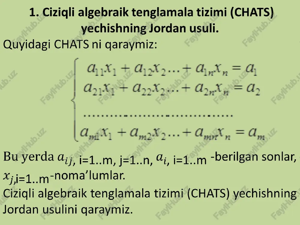 -αx sistemani ketma-ket yaqinlashish usuli yordamida yechamiz. x0=β bo`lsin. u holda quyidagini hosil qilamiz: x1=b - α x0 x2=b - α x1 .... xk+1=b - α xk quyidagi chats uchun yaqinlashish sharti bajariladi. almashtirishlar yordamida sistemani quyidagi ko`rinishga keltiramiz: x1=0.5-(0.2x2-0.1x3) x2=-4.07-(0.33x1+0.17x3) (*) x3=3-(0.0833x1-0.25x2) boshlang1`ich qiymatni quyidagicha olamiz n=1. ushbu qiymatlarni (*) tenglamalar sistemasining chap tomoniga qo`yamiz: x1=0.5 - 0 • 0.2 - 0 • (-0.1)=0.5 x2=-4.07 - 0 • 0.33 - 0 • 0.17=-4.07 x3=3 - 0 • 0.0833 - 0 • (-0.25)=3 10x1+2x2-x3=5 33x1+100x2+17x3=-407 (*) 833x1-2500x2+1000 0x3=30000 . n=2 x1=0.5 - (-4.07) • 0.2 - 3 • (-0.1)=1.61 x2=-4.07 - 0.5 • 0.33 - 3 • 0.17=-4.74 x3=3 - 0.5 • 0.0833 - (-4.07) • (-0.25)=1.94 n=3 x1=0.5 - (-4.74) • 0.2 - 1.94 • (-0.1)=1.64 x2=-4.07 - 1.61 • 0.33 - 1.94 • 0.17=-4.93 x3=3 - 1.61 • 0.0833 - (-4.74) • (-0.25)=1.68 qolgan hisoblashlarni jadval yordamida yozamiz. …
