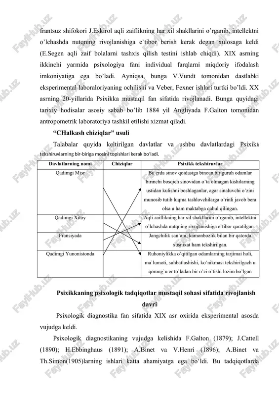 imai holi, ma`lumoti, suhbatlashishi, ko’nikmasi tekshirilgach u qorong`u er to’ladan bir o’zi o’tishi lozim bo’lgan psixikkaning psixologik tadqiqotlar mustaqil sohasi sifatida rivojlanish davri psixologik diagnostika fan sifatida xix asr oxirida eksperimental asosda vujudga keldi. psixologik diagnostikaning vujudga kelishida f.galton (1879); j.cattell (1890); h.ebbinghaus (1891); a.binet va v.henri (1896); a.binet va th.simon(1905)larning ishlari katta ahamiyatga ega bo‘ldi. bu tadqiqotlarda individual farqlarni o‘rganishning yangi statistikaga asoslangan quroli – test ishlatila boshlagan. psixologiyada ilk bor psixometrik yo‘nalish asoschisi f.galton testlar yaratgan. dastlabki test aqlni o‘lchash metodi sifatida qo‘llanildi, keyinchalik esa undan shaxsni, uning reaktsiyalarini o‘rganishda foydalanila boshlandi. psixikkada yangi metodlarni ishlab chiqish psixiatrik shifoxonalarning ehtiyojlari tufayli kuchaytirildi. keyinchalik esa kasb tanlash ishlari bilan bog‘liq psixotexnikaning taraqqiyoti bilan yanada rivojlantirildi. psixologik diagnostika fan sifatida 1920-yillarda keng shakllana bordi. shveytsariyalik psixolog va psixiatr h.rorschach (1921)ning «psixikka» asari nashr etilishi bilan psixikkaga asos solindi. psixikka tushunchasi individni o‘rganadigan barcha metodlar majmuini o‘z ichiga oladi. bu kitob …