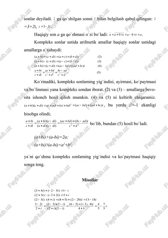 tashqari, har bir kompleks son (1) ga boshi koordinatalar boshiga, oxiri m (x;y) nuqtada bo`lgan vektor (radius – vektor) mos keltiriladi. bu holda ham, har bir kompleks songa bitta radius – vektor mos kelib, har bir nuqta bitta kompleks sonni aniqlaydi (5-rasm) koordinatalar boshidan m (x, y) nuqta-gacha bo`lgan masofa, ya`ni om vektorning uzunligi kompleks son – (1) ning moduli deyiladi va |z| yoki r bilan belgilanadi, shun-ga ko`ra: r=|z|. chizmada ox o`qining musbat yo`na-lishi bilan radius vektor orasidagi burchakni φ bilan belgilab, ∆onm dan topamiz: x = r cosφ y = r sinφ (2) x va y qiymatini (1) ga qo`yib z = r (cosφ + isinφ) (3) ni topamiz. kompleks sonning (3) shakldagi ko`rinishiga kompleks son-ning trigonometrik shakli deyiladi, φ esa kompleks sonning argumenti deyiladi va argz bilan belgilanadi. φ bilan birga k ning ixtiyoriy butun qiymatida φ+2πk ham z ning argumenti bo`ladi, ya`ni argz = φ+2πk. bu …