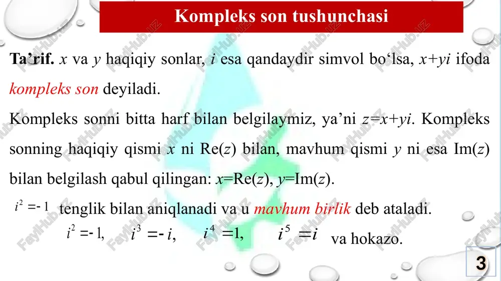 (3) formula o‘rinli. misol. va sonlarning ko‘paytmasini toping. yechish. da , da (3) ga ko‘ra (3) 12 trigonometrik shaklda berilgan kompleks sonlarni darajaga ko‘tarish trigonometrik shaklda berilgan kompleks sonlarni ko‘paytirish qoidasini (n ta ko‘paytuvchi) ko‘paytirish uchun ketma-ket tadbiq etib, ni hisoblash qoidasini hosil bo‘ladi. ya’ni, dan tenglik hosil bo‘ladi. bu tenglik muavr formulasi deyiladi. misol. ni hisoblang. 13 yechish. 14 15 trigonometrik shaklda berilgan kompleks sonlarni bo‘lish va kompleks sonlarning trigonometrik shakli berilgan bo‘lsa, u holda qo‘yidagi (4) formula o‘rinli. misol. kompleks sonlar berilgan bo‘lsa, ni hisoblang. yechish. (4) 16 trigonometrik shaklda berilgan kompleks sonlardan ildiz chiqarish ta’rif. z kompleks sonning n-natural darajali ildizi deb, tenglik bajariladigan har qanday kompleks songa aytiladi. teorema. kompleks sonni n ta har xil kompleks ildizlarga ega va bu ildizlar quyidagi formula bilan aniqlanadi. k=0,1,2,…,n-1 (5) 1-misol. ning barcha qiymatlarini toping. yechish. bo‘lgani uchun 17 ga ega bo‘lamiz. (5) formuladan bo‘ladi. k=0 da , k=1 …