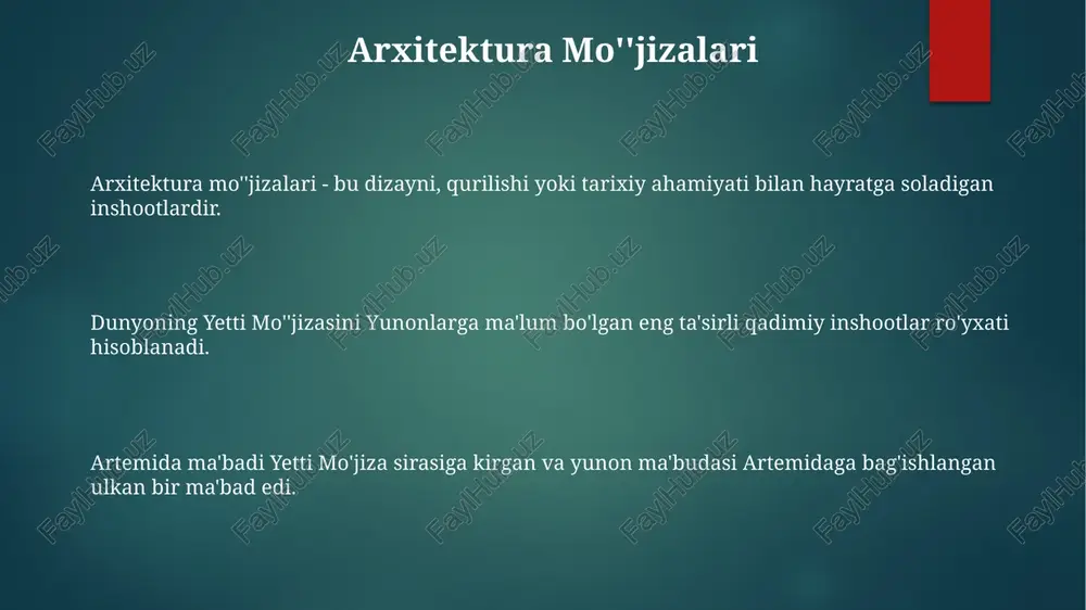 mavsolos uchun qurilgan qabr bo'lib, u o'zining murakkab me'morchiligi va haykallari bilan mashhur edi. qadimgi dunyoning yetti mo''jizasi halikarnassdagi maqbara, artemida ma'badi va giza'dagi buyuk piramida kabi g'ayrioddiy inshootlar to'plamidan iborat edi. giza'dagi buyuk piramida giza piramidasi uchta piramidani eng qadimgi va eng kattasi bo'lib, to'rtinchi sulola fir'avni xufu qabri sifatida qurilgan. dunyoning yetti mo''jizasi insoniyat tsivilizatsiyasining eng ta'sirli yutuqlari deb hisoblangan qadimiy inshootlar to'plami edi. efes shahrida joylashgan artemida ma'badı yunon ma'budasi artemidaga bag'ishlangan edi. ahamiyati va merosi uning vayron bo'lishi va qayta qurilishi inson yaratgan narsalarning mo'rtligini ko'rsatadi. artemis ma'badi qadimgi yunonistonda boylik va kuch ramzi edi. ma'badning me'moriy yangiliklari keyinchalik yunon va rim inshootlariga ta'sir ko'rsatdi. iskandariya mayori efesdagi artemida ibodatxonasi, yunon ma'budasi artemidaga bag'ishlangan ulkan yunon ibodatxonasi edi. bu qadimgi dunyoning yetti mo''jizasidan biri bo'lib, o'zining kattaligi, go'zalligi va ichida saqlangan ko'plab haykallar va xazinalar bilan mashhur edi. qadimgi dunyoning yetti mo''jizasi qadimgi dunyoning eng ta'sirli …