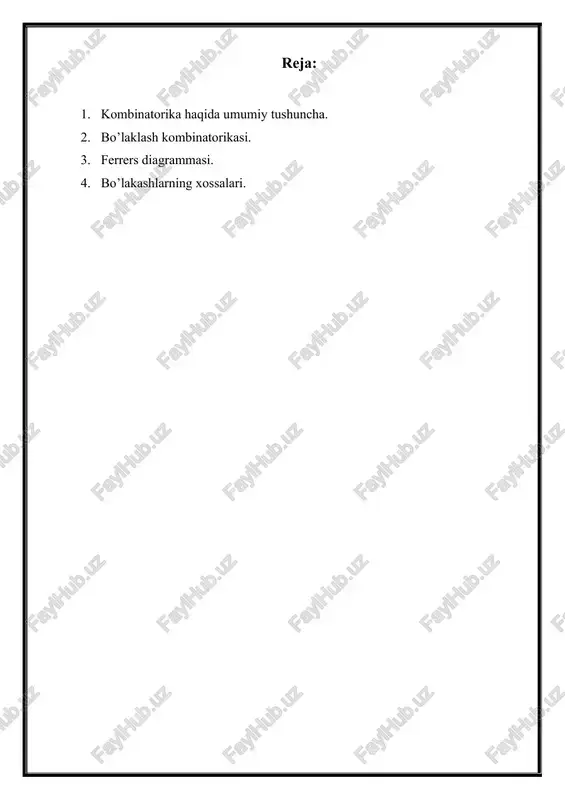 vaqtda gruppalashlar deb ataluvchi kombinatorik tushunchadan foydalanishgan. eramizning xii asrida bxaskara acharya o’zining ilmiy tadqiqotlarida gruppalash va o’rin almashtirishlarni qo’llagan. tarixiy ma’lumotlarga ko’ra, hindistonlik olimlar kombinatorika elementlaridan, jumladan, birlashmalardan foydalanib, she’riy asarlar tarkibiy tuzilishining mukammalligini tahlil qilishga uringanlar. umuman olganda, kombinatorikaning dastlabki rivoji qimor o’yinlarini tahlil qilish bilan bog’liq. ba’zi atoqli matematiklar, masalan, fransuz matematigi b.paskal (1623-1662), sveytasriyalik matematik ya.bernulli (1654- 1705), l.eyler (1707-1783), rus matematigi p.l.chebishev (1821-1894) turli o’yinlarda (tanga tashlash, soqqa tashlash, qarta o’yinlari va shu kabilarda) ilmiy jihatdan asoslangan qarorlar qabul qilishda kombinatorikani qo’llashgan. xvii asrda kombinatorika matematikaning alohida bir ilmiy yo’nalishi sifatida shakllana boshladi. blez paskal o’zining “arifmetik uchburchak haqida traktat” va “sonli tartiblar haqida traktat” (1665 y.) nomli asarlarida hozirgi vaqtda binomial koeffitsientlar deb ataluvchi sonlar haqidagi ma’lumotlarni keltirgan. fransuz matematigi p.ferma (1601-1665) esa figurali sonlar bilan birlashmalar nazariyasi orasida bog’lanish borligini bilgan. figurali sonlar quyidagicha aniqlanadi. birinchi tartibli figurali sonlar: 1, 2, 3, 4, …