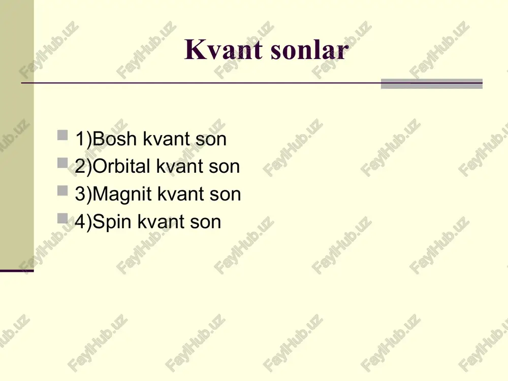 a bo’lsa ular antiparallel (↑↓) spinli bo’ladi. pauli prinsipiga binoan bitta orbitalda ko’pi bilan ikkita elektron joylashadi. orbitalda yagona elektron bo’lsa yarim to’lgan pog’onacha deb ataladi. ↑ ↑ ↑ ↑ ↑ ↑ ↑ ↑ ↑ har bir orbitalda 2 ta juft qarama qarshi spinli elektron joylashgan bo’lsa,to’lgan pog’onacha orbitallar deb ataladi ↑↓ ↑↓ ↑↓ ↑↓ ↑↓ ↑↓ ↑↓ ↑↓ ↑↓ klechkovskiy qoidasi pog’onachalarda elektronlarini to’lib borish tartibini klechkovskiy qoidasi asosida aniqlanadi. elektron orbitallarning elektronlar bilan to’lib borish tartibi bosh va orbital kvant sonlar yig’indisi bilan aniqlanadi. klechkovskiyning ikkita qoidasi bor. 1)elektron pog’onachalarning elektronlar bilan to’lib borish tartibi bosh va orbital kvant sonlar yig’indisi qiymati ortib borishi tartibida bo’ladi. 2) agar bosh va orbital kvant sonlarning yig’indisi teng bo’lsa,bosh kvant soni ortib borishi tartibida joylashtiriladi. hund qoidasi hund qoidasi – atomda elektron spinlari yig’indisi maksimal qiymatga ega bo’lganda atom elektron afzalli. orbitallarda elektronlar joylashishini pauli prinsipi,elektronlarni qobiqchalarda joylashishini klechkovskiy qoidasi,orbitallrda elektronlarning …