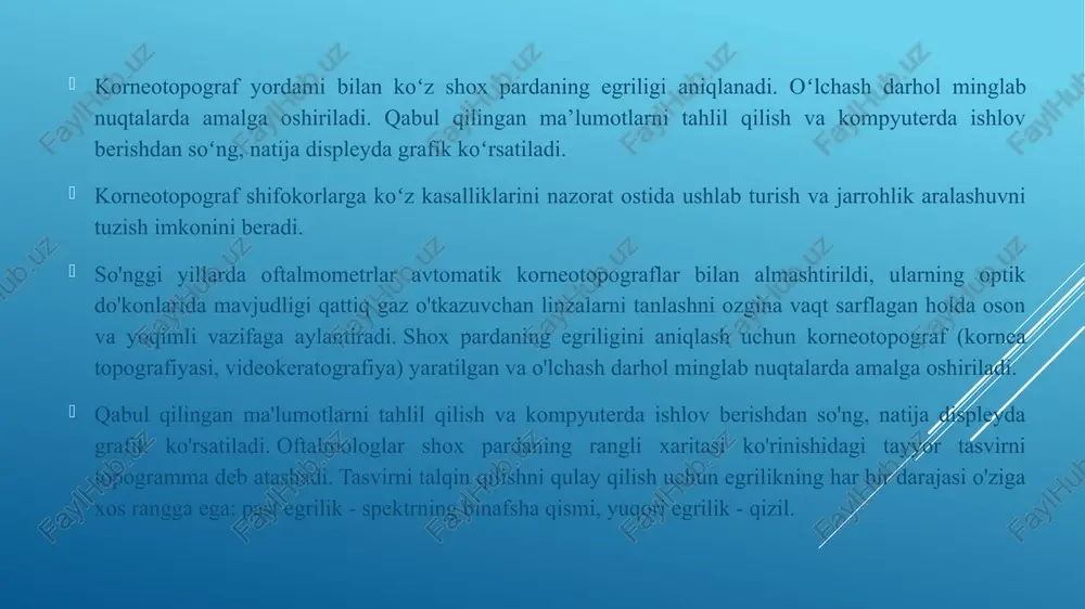 hqacha aks ettiriladi). zamonaviy korneotopograflar asosiy afzalliklari: ravshanlik, ma'lumot mazmuni va ishonchliligi tufayli boshqa turdagi diagnostika uskunalari bilan taqqoslanadi. ulardan foydalanib, inson shox pardasining shakliga qarab o'nlab oftalmologik patologiyalarni tashxislashingiz mumkin. korneotopografning quyidagi ishlash prinsiplari mavjud: kontaktsiz ishlaydi plasidoning halqa prinsipi. bu prinsipda korneotopograf shox pardaga bir nechta halqalar (8 dan 32 gacha) proyeksiyalanadi. keyin, qurilma ularning aksini yozib oladi, kenglik va intervallarni oʻlchaydi. yozilgan ma’lumotlar egrilik indekslariga aylantiriladi. shox pardaning asosiy optik maqsadi yorugʻlik nurlarining sinishi va fokuslanishidir, chunki u qoplovchi linza sifatida ishlaydi. plasido disk boshqa rangdagi (odatda, qora fonda oq halqalar) qurilmaga chizilgan konsentrik halqalardan iborat qurilma. shox pardaning birinchi sindiruvchi yuzasi (koʻz yoshi plyonkasi) qavariq vazifasini bajaradi. optik tirqishli tizimlarni skanerlash. bu prinsip bir juft yorugʻlik manbalaridan foydalangan holda yoriq chiroq prinsipi boʻyicha ishlaydi. oʻrganilayotgan oʻqqa 45˚ burchak ostida joylashgan ikkita tirqishli yorugʻlik manbalaridan foydalaniladi. har bir yoʻnalishda korneotopograf qurilmasi bir yarim – ikki soniya ichida …