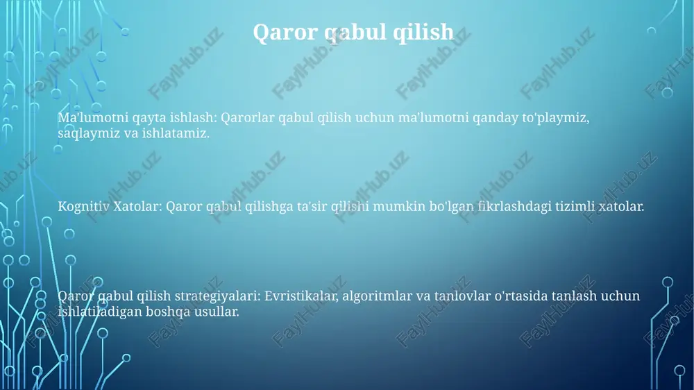 adi. kelajakdagi kognitiv psixologiya yo'nalishlari neyropsikologiyani qabul qilish: kognitiv jarayonlarni tushunish uchun miya tasvirlash va neyrofiziologik ma'lumotlarni birlashtirish. shaxsiy farqlar: tanishishning kognitiv qobiliyatlardagi individual o'zgaruvchanlik rolini va uning o'rganish va xulq-atvorga ta'sirini tushunish. shaxsiy farqlar: tanishishning kognitiv qobiliyatlardagi individual o'zgaruvchanlik rolini va uning o'rganish va xulq-atvorga ta'sirini tushunish. xotira xotira ma'lumotni saqlash va qayta olish qobiliyatidir. kognitiv psixologiya xotira, e'tibor va til kabi aqliy jarayonlarni o'rganadi. xotira tadqiqotlari ma'lumotlarning qanday qilib kodlanganligini, saqlanganligini va qayta tiklanganligini o'rganadi. kognitiv psixologiyasi tarixi asosiy shaxslar: noam chomsky, jorj miller, herbert simon va alan nyull. kognitiv psixologiya: diqqat, xotira, til va muammo yechish kabi aqliy jarayonlarni o'rganish. kognitiv psixologiyaning tarixi: 1950-yillarda biheviorizmga qarshi reaksiya sifatida paydo bo'lgan, lingvistika, kompyuter fanlari va neyrofiziologiyadan g'oyalarni o'zlashtirgan. kognitiv psixologiyaning qo'llanilishi kognitiv psixologiya: idrok, diqqat, til va mantiq kabi aqliy jarayonlarni o'rganadi. kognitiv psixologiyaning qo'llanilishi: o'rganish va xotirani yaxshilash, terapiya va davolanishni yaxshilash, foydalanuvchilarga qulay texnologiyalarni yaratish. kognitiv …