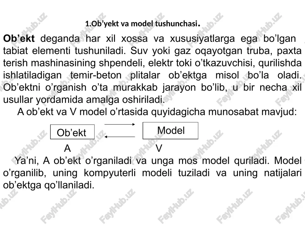 a ular orasidagi bog’lanishlar batafsil o’rganiladi. ob’ekt xossa va xususiyatlariga qaysi omillar yetarlicha ta’sir etishi va qaysi omillar esa kam ta’sir etishi aniqlanadi. kam ta’sir etuvchi omillar modelda e’tiborga olinmaydi. ob’ektning matematik modelini tuzishda shu ob’ektning asosiy xossa va xususiyatlari matematik munosabatlar yordamida yozib chiqiladi. boshqacha qilib aytganda, ob’ektni o’rganish jarayonida unga ta’sir etuvchi asosiy omillar matematik apparat(tenglama, tengsizlik, mantiqiy ifoda yoki ularning tizimlari) orqali ifodalanadi. algoritm – berilgan masalani yechishda bajarilishi lozim bo’lgan amallarning qat’iy ketma-ketligidir. har bir masalaning yechish algoritmi bir necha minglab, hatto millionlab amallarni o’z ichiga oladi. dastur tuzish bosqichida tanlangan yoki ishlab chiqilgan algoritm biror algoritmik til orqali ifodalanadi. masalani yechish uchun algoritmik til tanlanayotganda uning soddaligiga hamda imkoniyat darajasiga e’tibor berish kerak. modellashtirishning oxirgi bosqichida, qaralayotgan ob’ektning boshlang’ich xossa va xususiyatlarini ifodalovchi birlamchi sonli qiymatlar tuzilgan dasturga kiritilib, natija olinadi hamda u atroflicha tahlil qilinib, xulosa chiqariladi. model adekvatligini tekshirish. ob’ekt modelining adekvatligi deganda …